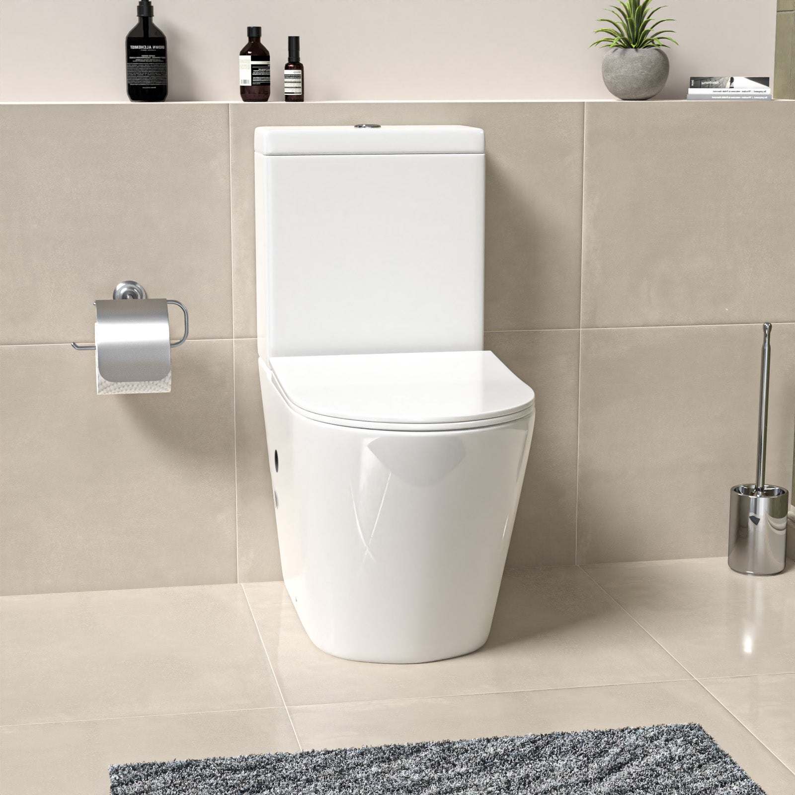 Round Rimless Close Coupled Toilet Pan without Bidet Nozzle and Valve