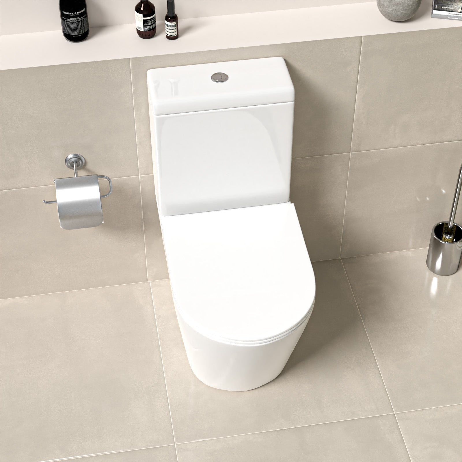 Round Rimless Close Coupled Toilet Pan without Bidet Nozzle and Valve