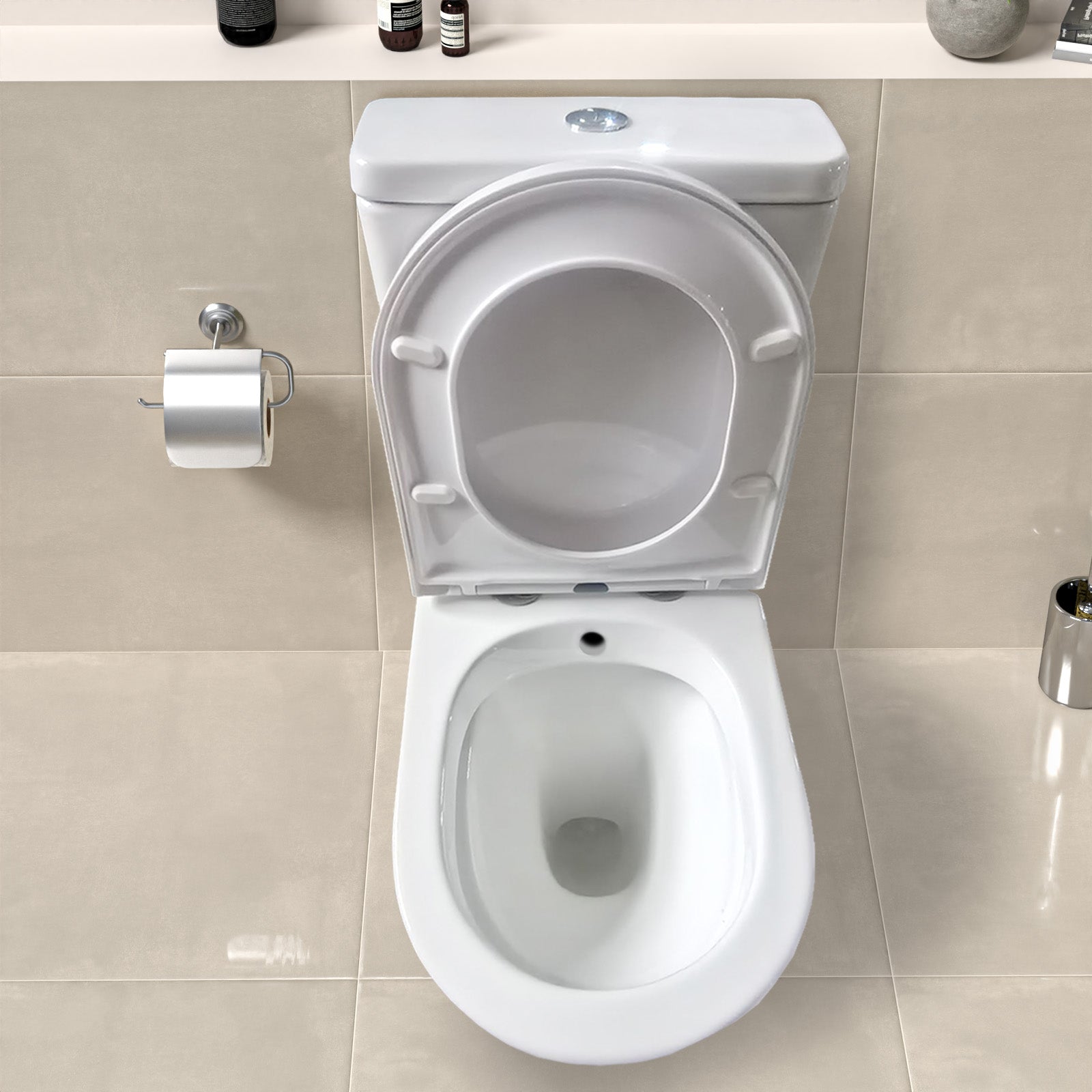 Round Rimless Close Coupled Toilet Pan without Bidet Nozzle and Valve