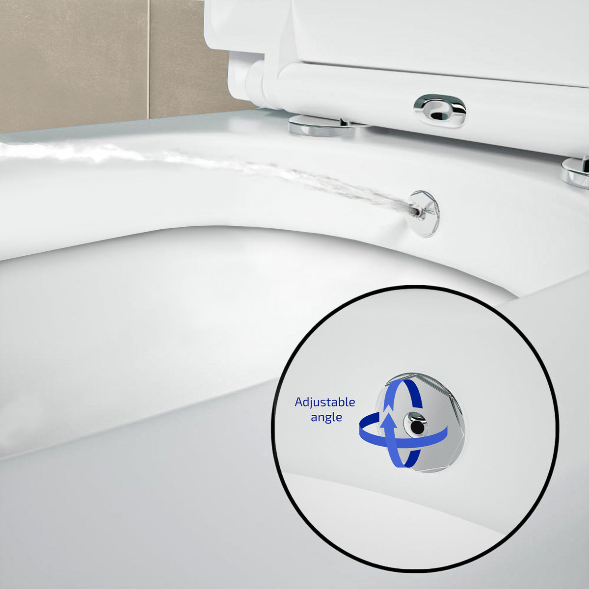 Round Rimless Close Coupled Toilet Pan With Integrated Bidet Valve