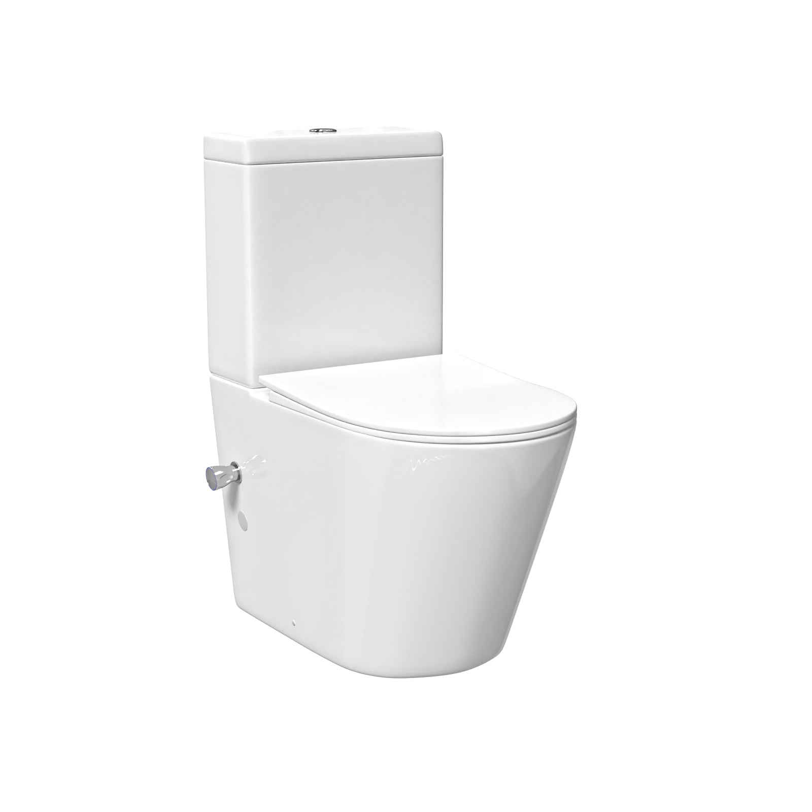 Round Rimless Close Coupled Toilet Pan With Integrated Bidet Valve
