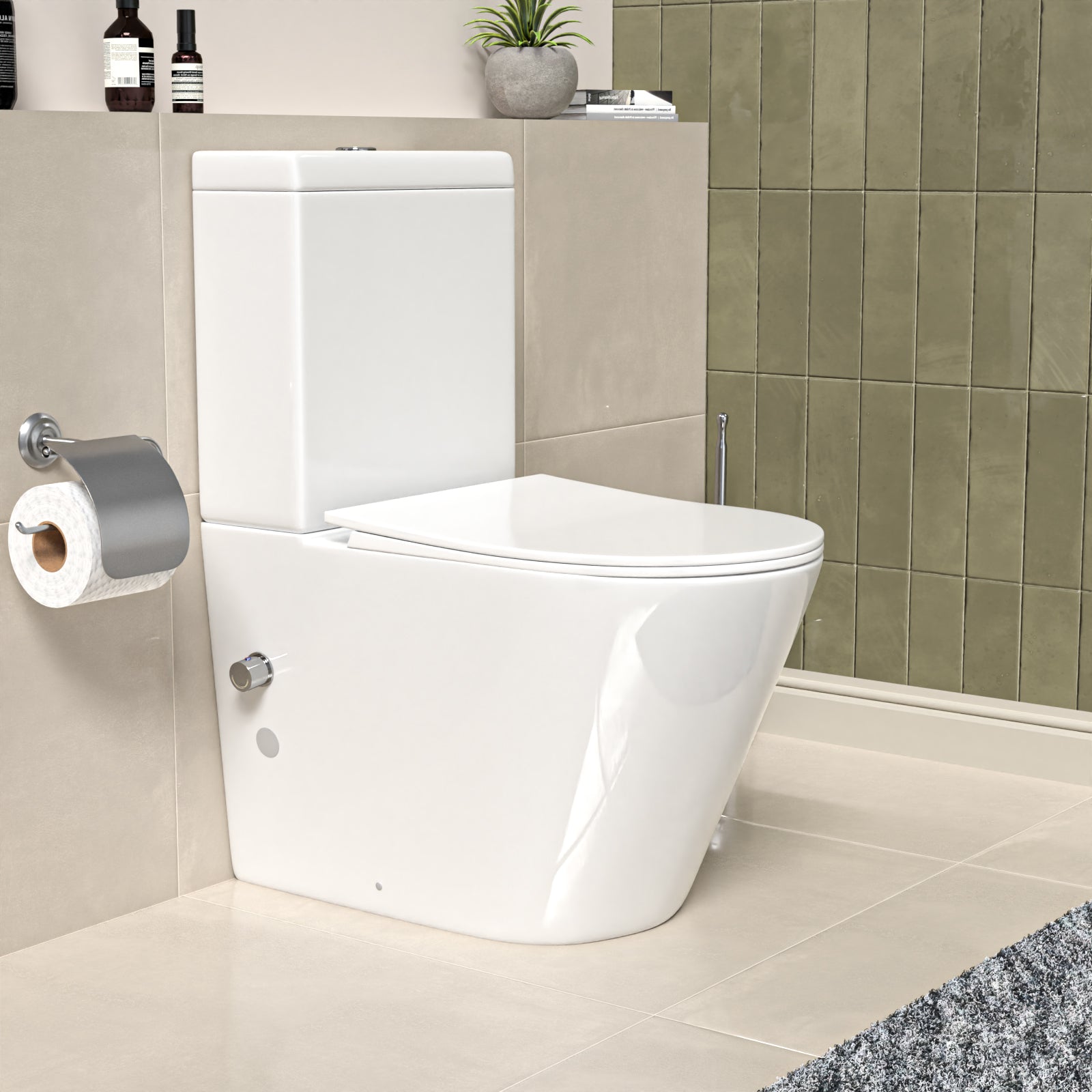 Round Rimless Close Coupled Toilet With Integrated Hot Cold Bidet Valve