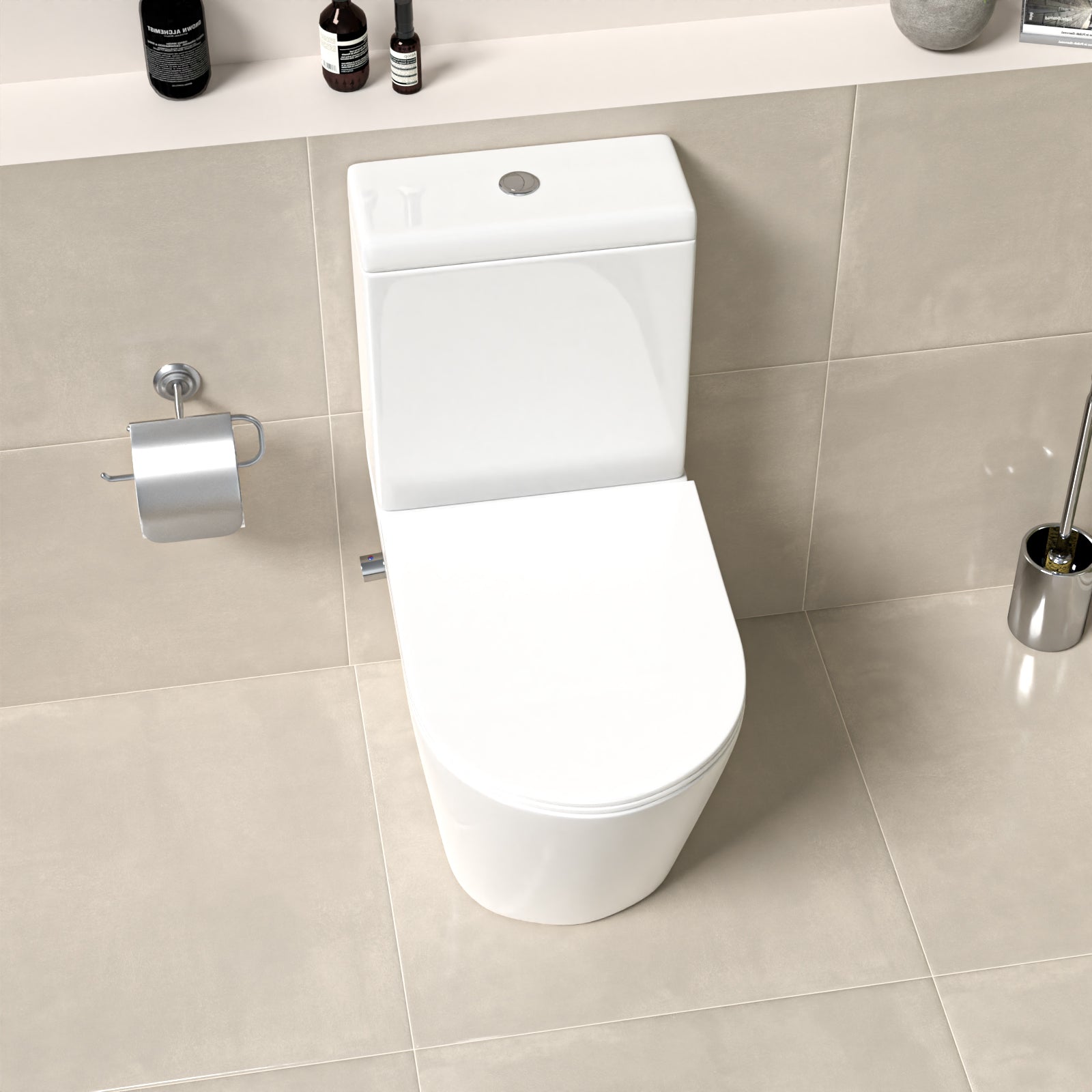 Round Rimless Close Coupled Toilet With Integrated Hot Cold Bidet Valve