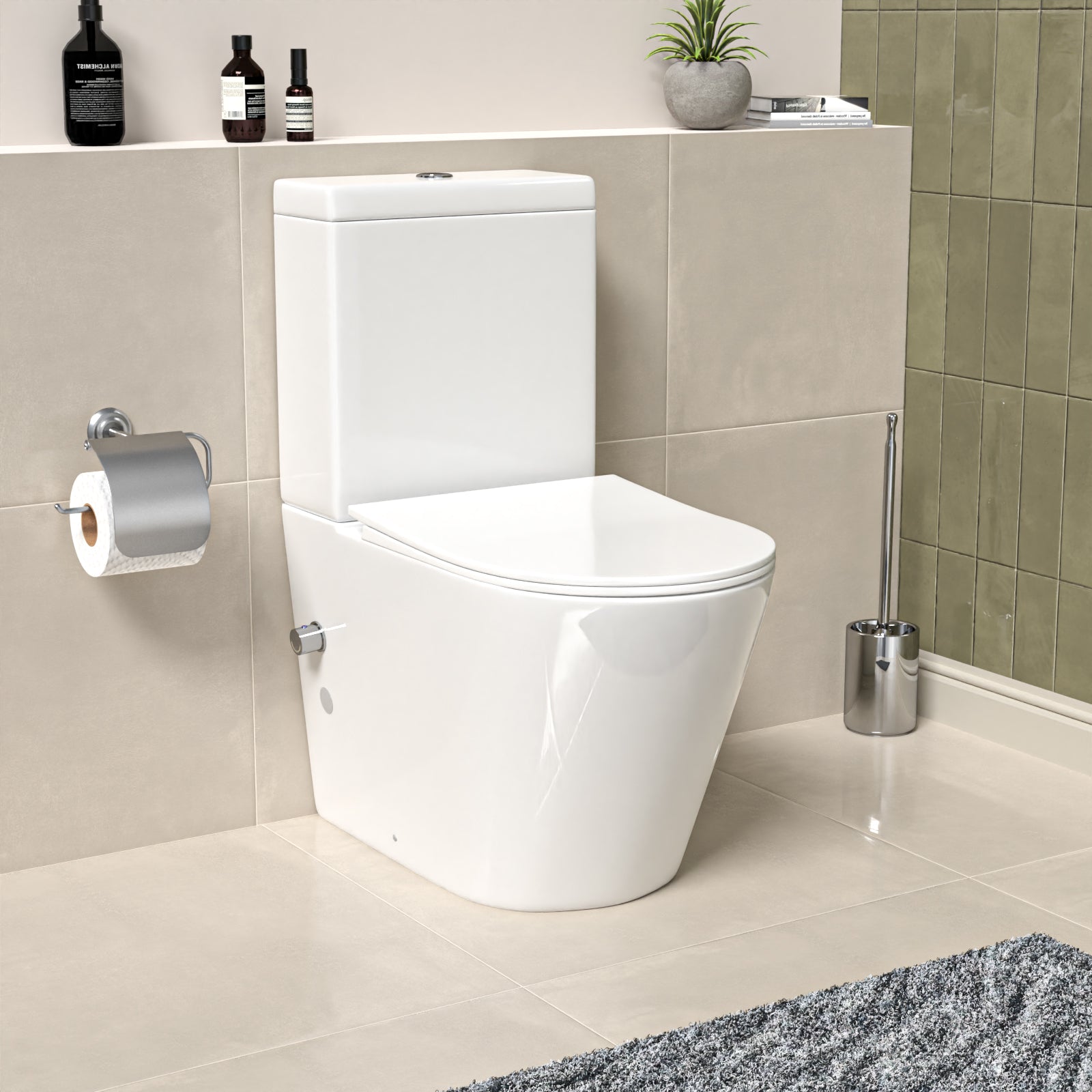 Round Rimless Close Coupled Toilet With Integrated Hot Cold Bidet Valve