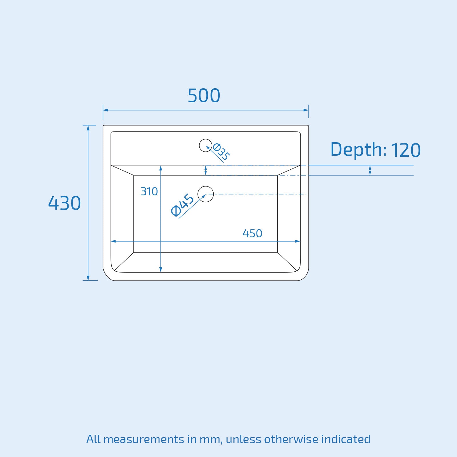 Merton 500mm Cloakroom Countertop Rectangular Basin Sink White with 1 Tap Hole