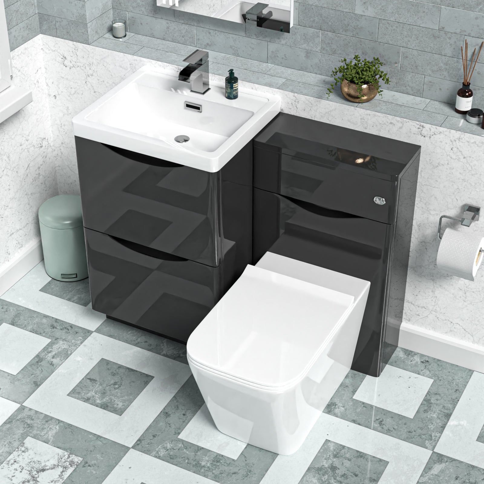 Merton Dark Grey 1000mm Freestanding Basin Vanity WC Unit & Square BTW Toilet