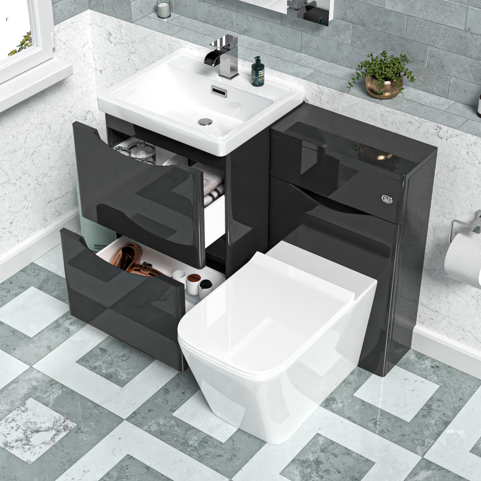 Merton Dark Grey 1000mm Freestanding Basin Vanity WC Unit & Square BTW Toilet