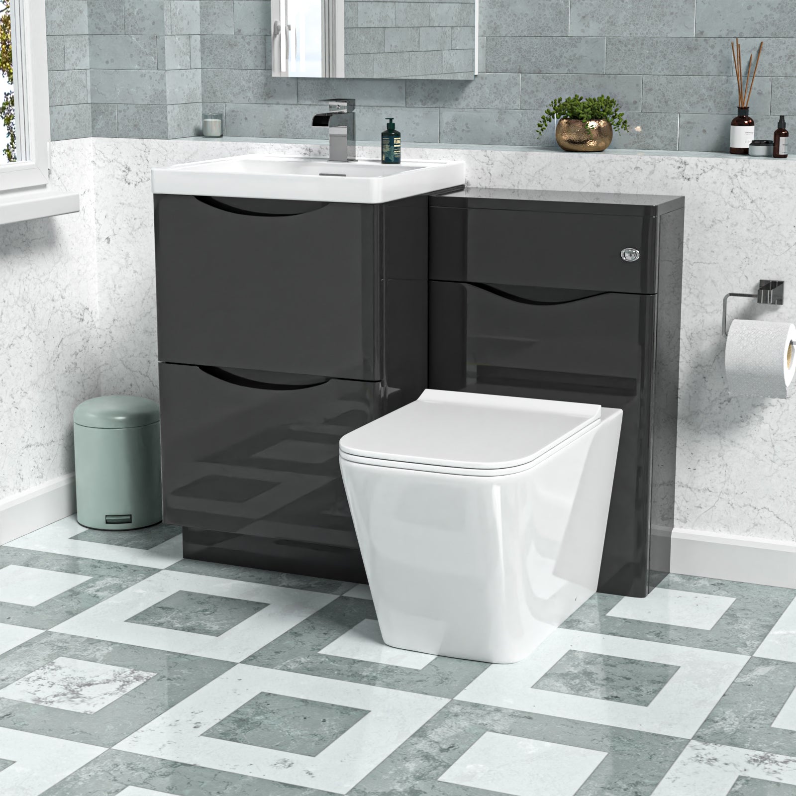 Merton Dark Grey 1000mm Freestanding Basin Vanity WC Unit & Square BTW Toilet