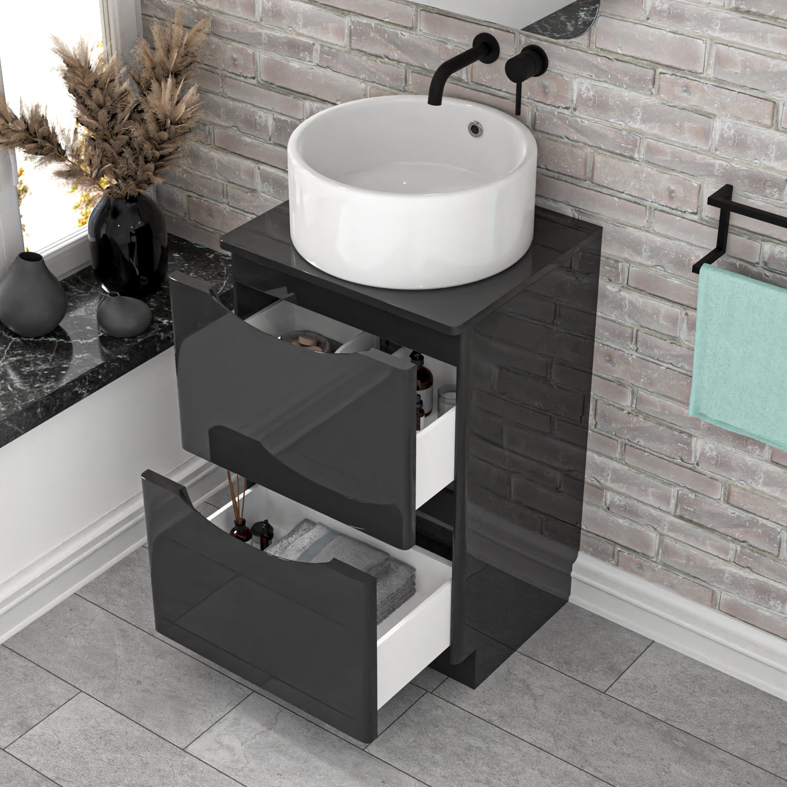 500mm Anthracite Freestanding Vanity With Worktop and 420mm Round Basin
