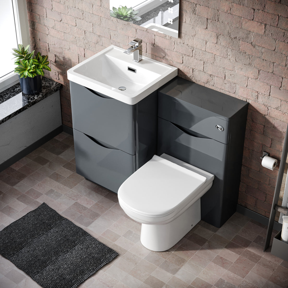 Merton 1000mm 2 Drawer Vanity Basin Unit, WC Unit & Elso Back to Wall Toilet Grey