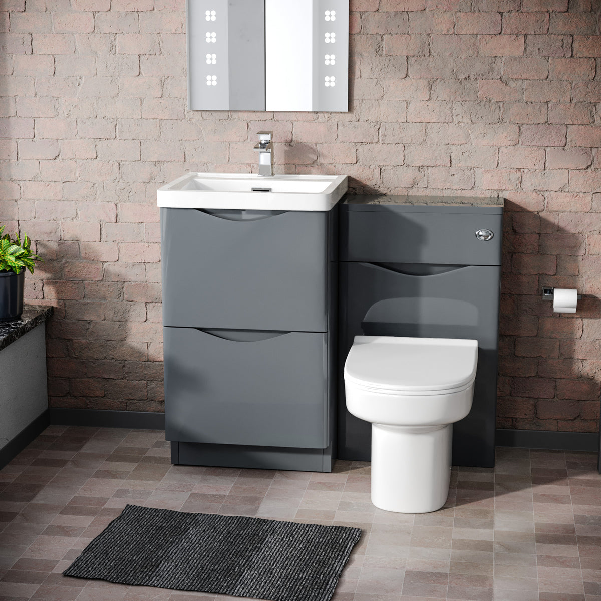 Merton 1000mm 2 Drawer Vanity Basin Unit, WC Unit & Chem Back to Wall Toilet Grey
