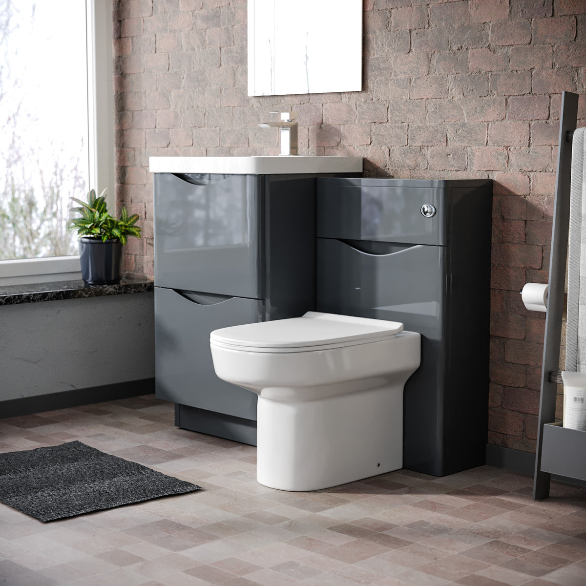 Merton 1000mm 2 Drawer Vanity Basin Unit, WC Unit & Chem Back to Wall Toilet Grey