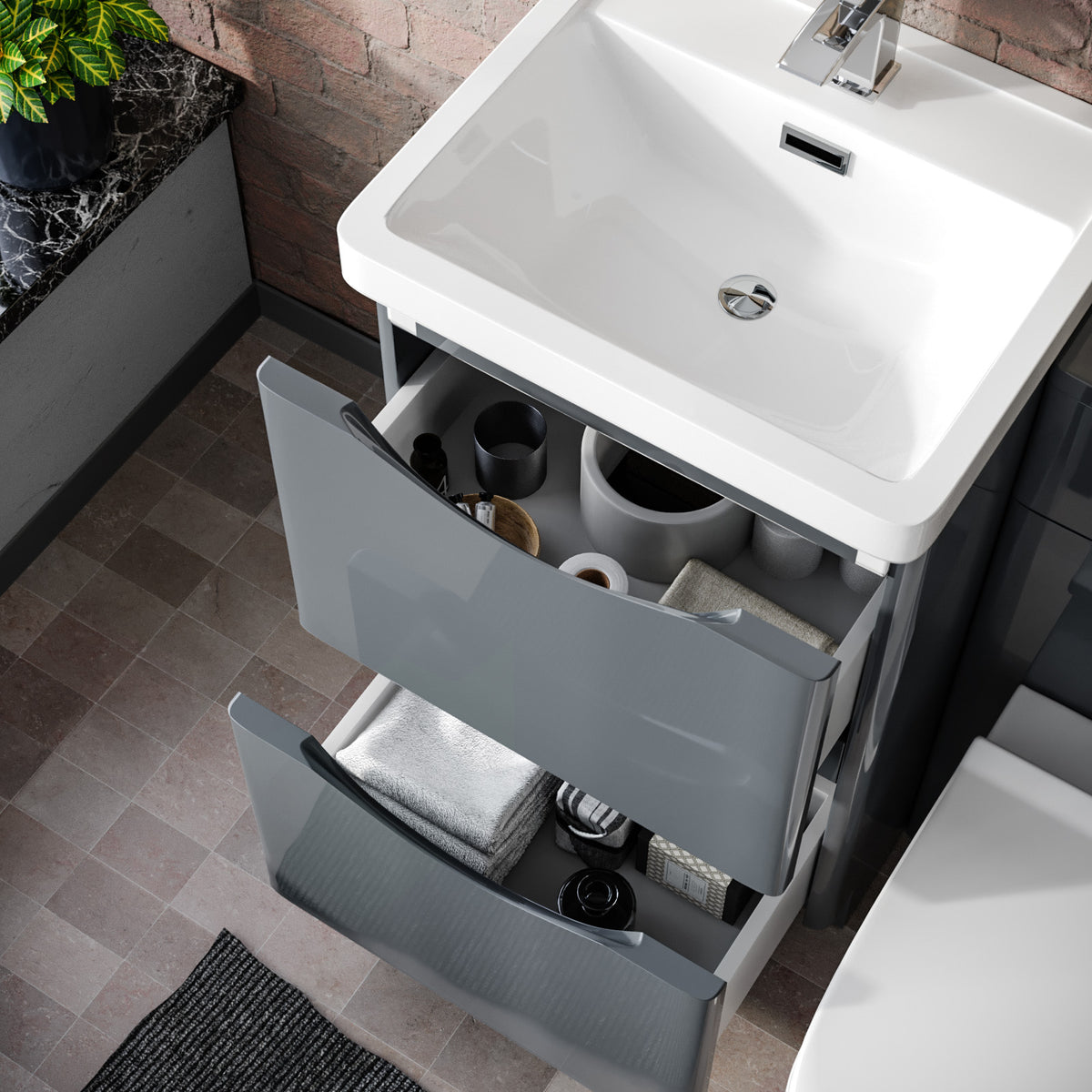 Merton 1000mm 2 Drawer Vanity Basin Unit, WC Unit & Chem Back to Wall Toilet Grey