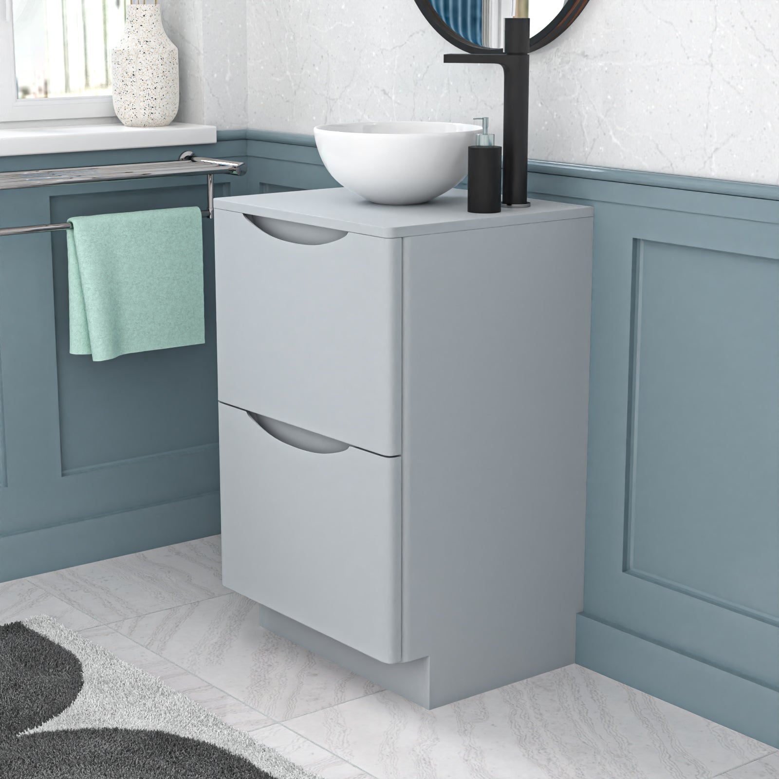 Merton Matte Grey 500mm Bathroom Freestanding Vanity Unit Round Ceramic Basin