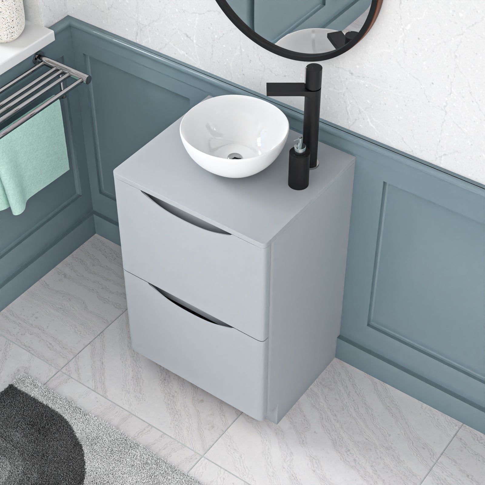 Merton Matte Grey 500mm Bathroom Freestanding Vanity Unit Round Ceramic Basin