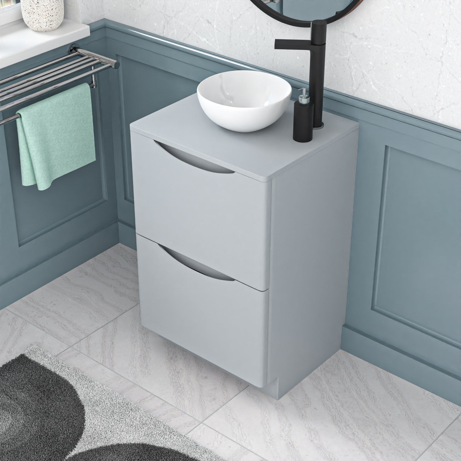 Merton Matte Grey 500mm Bathroom Freestanding Vanity Unit Round Ceramic Basin