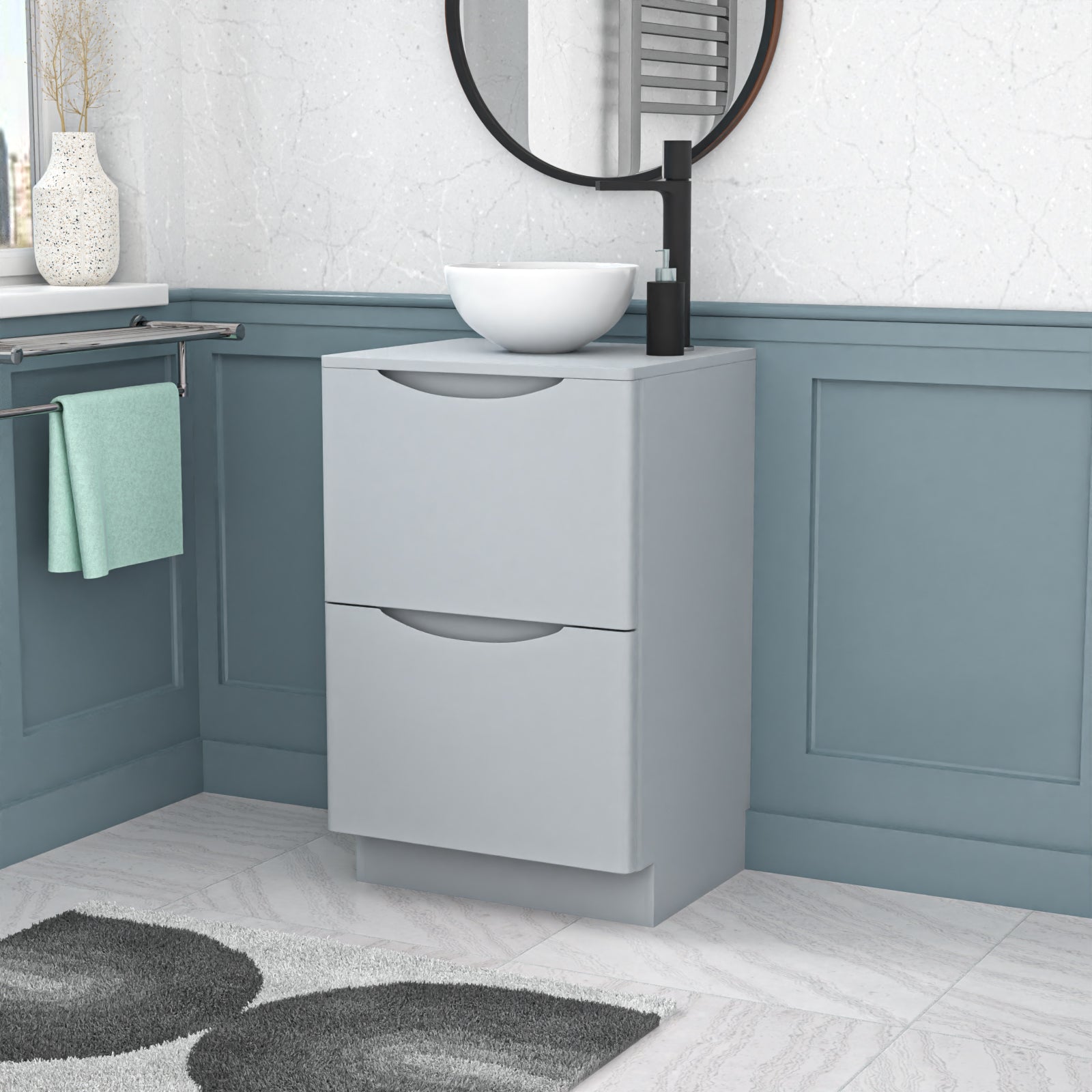 Merton Matte Grey 500mm Bathroom Freestanding Vanity Unit Round Ceramic Basin