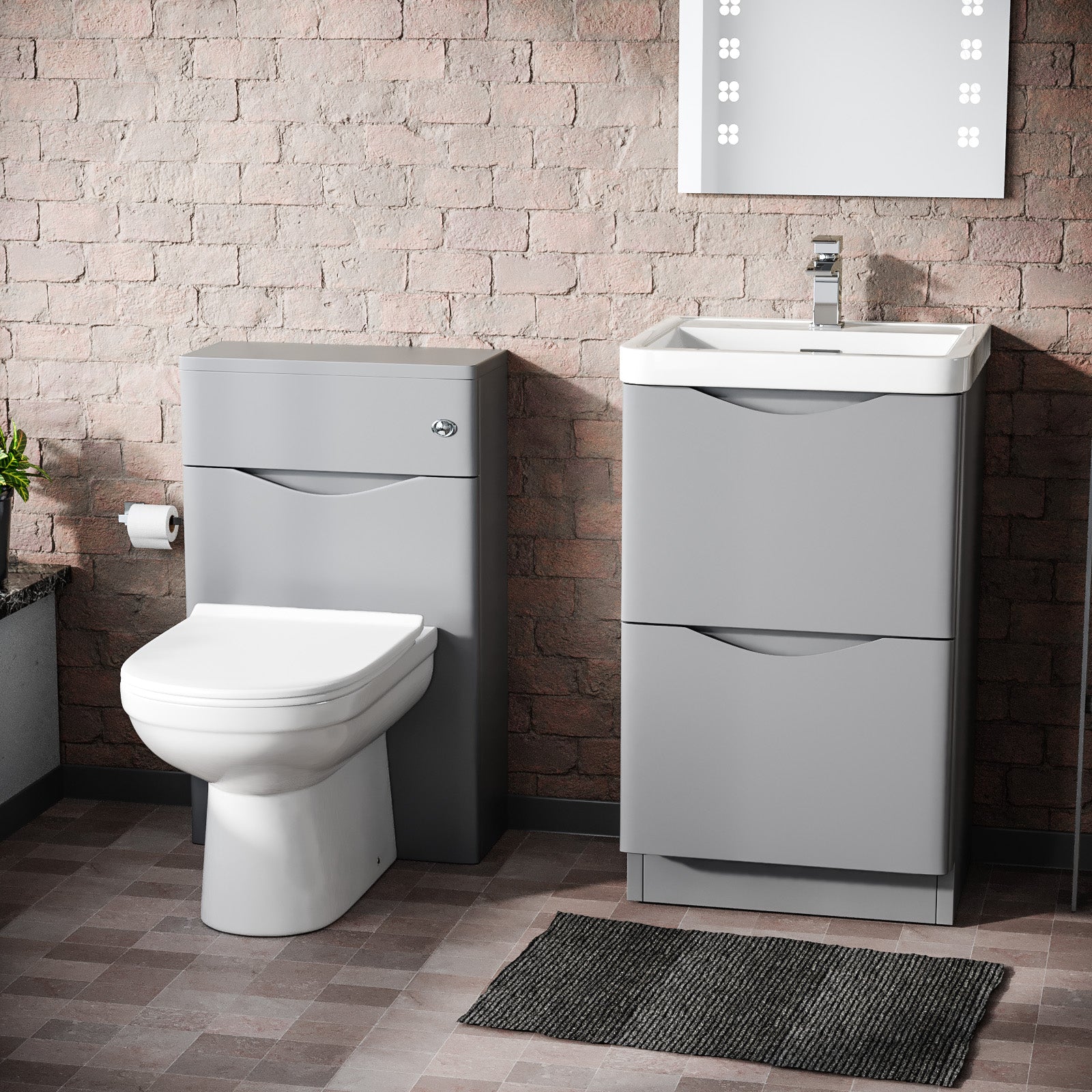 Merton Flat Pack 500mm Matte Grey 2 Drawer Vanity Basin Unit, WC Unit, Back to Wall Toilet