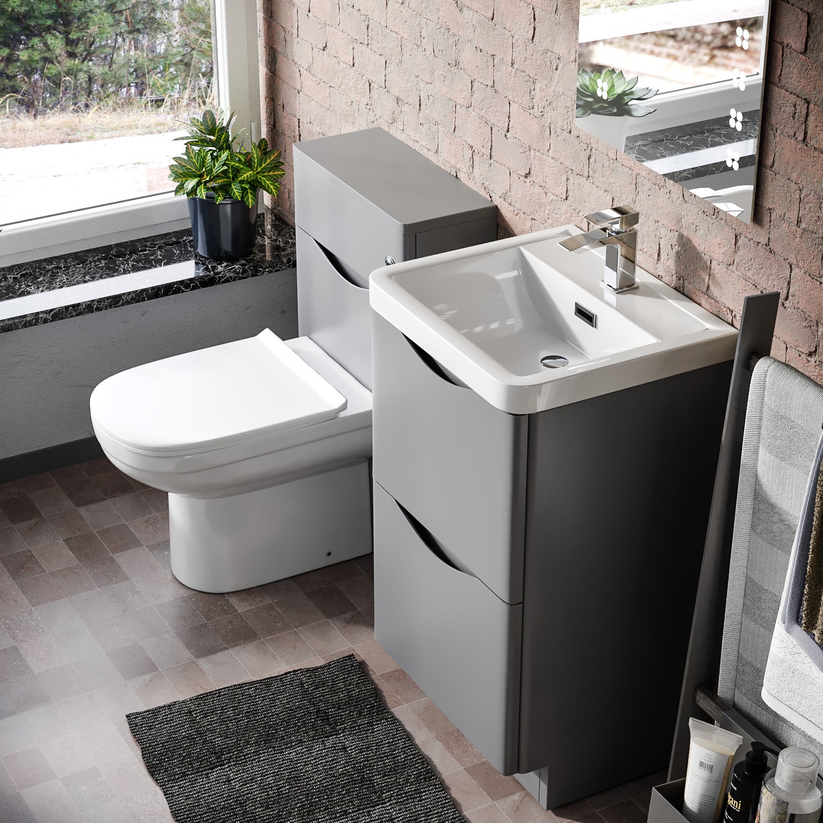 Merton Flat Pack 500mm Matte Grey 2 Drawer Vanity Basin Unit, WC Unit, Back to Wall Toilet