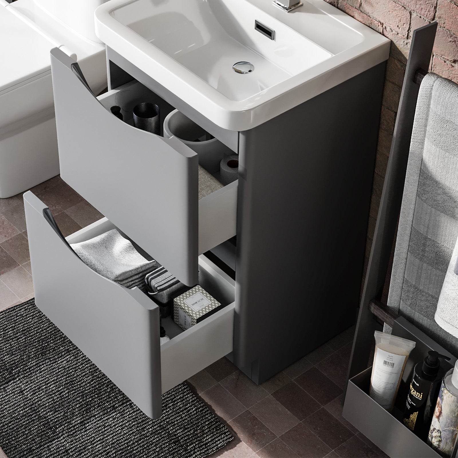 Merton Flat Pack 500mm Matte Grey 2 Drawer Vanity Basin Unit, WC Unit, Back to Wall Toilet