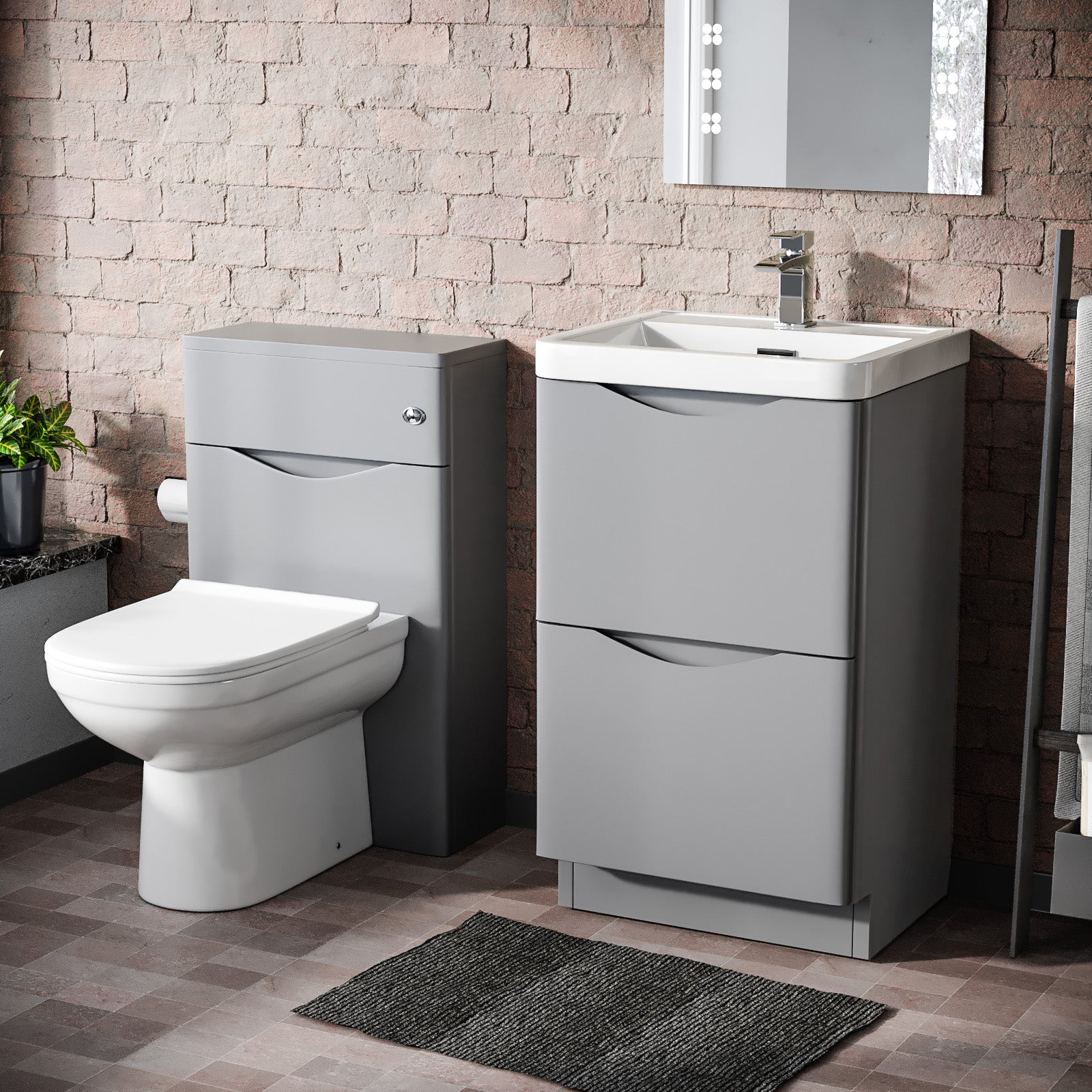 Merton Flat Pack 500mm Matte Grey 2 Drawer Vanity Basin Unit, WC Unit, Back to Wall Toilet