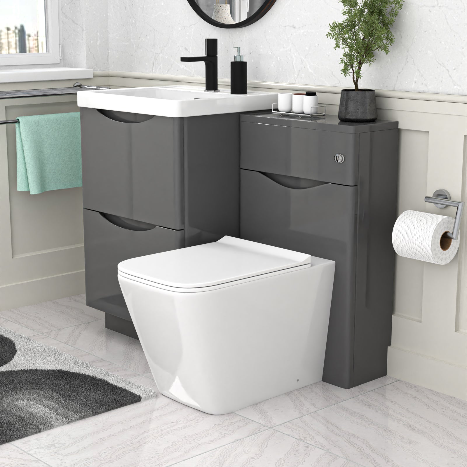 Merton Grey 1000mm Freestanding Basin Vanity WC Unit & Square BTW Toilet