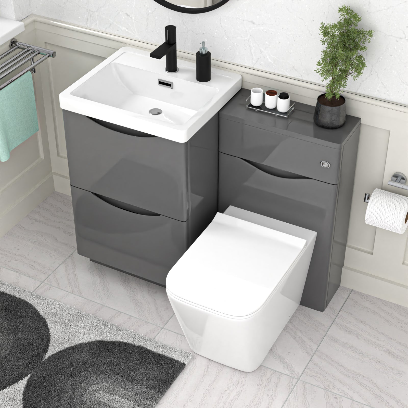 Merton Grey 1000mm Freestanding Basin Vanity WC Unit & Square BTW Toilet