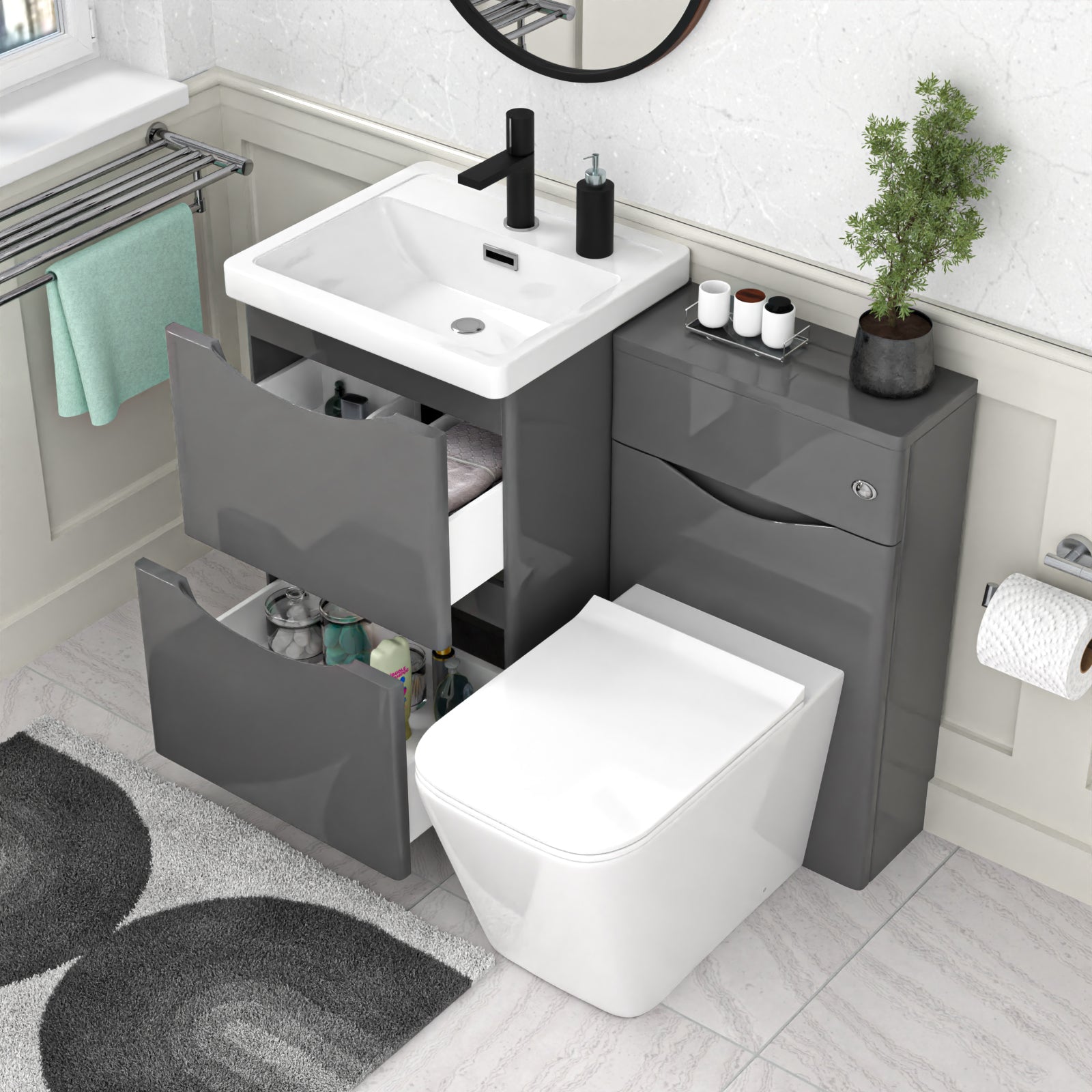 Merton Grey 1000mm Freestanding Basin Vanity WC Unit & Square BTW Toilet
