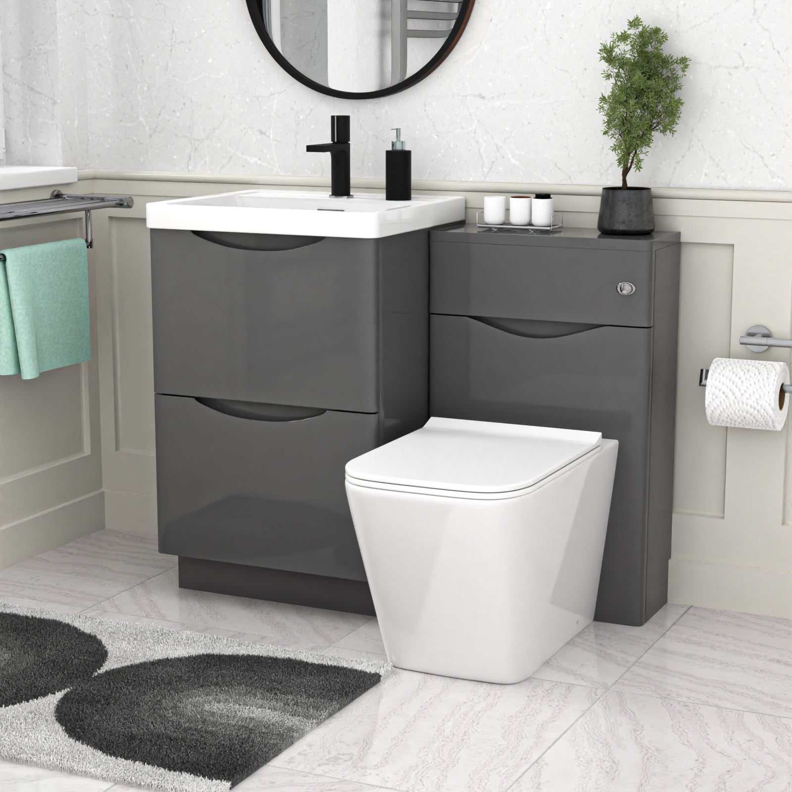 Merton Grey 1000mm Freestanding Basin Vanity WC Unit & Square BTW Toilet