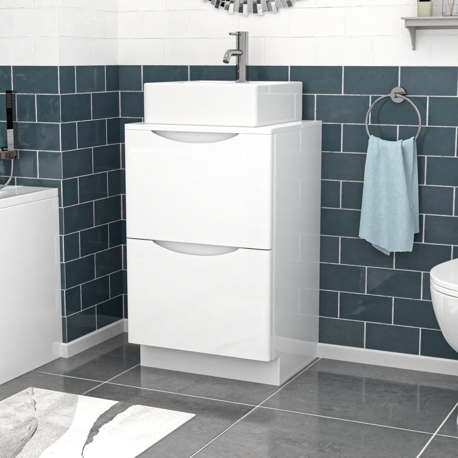 Merton 500mm White Freestanding 2 Drawers Vanity & Worktop With Square Basin