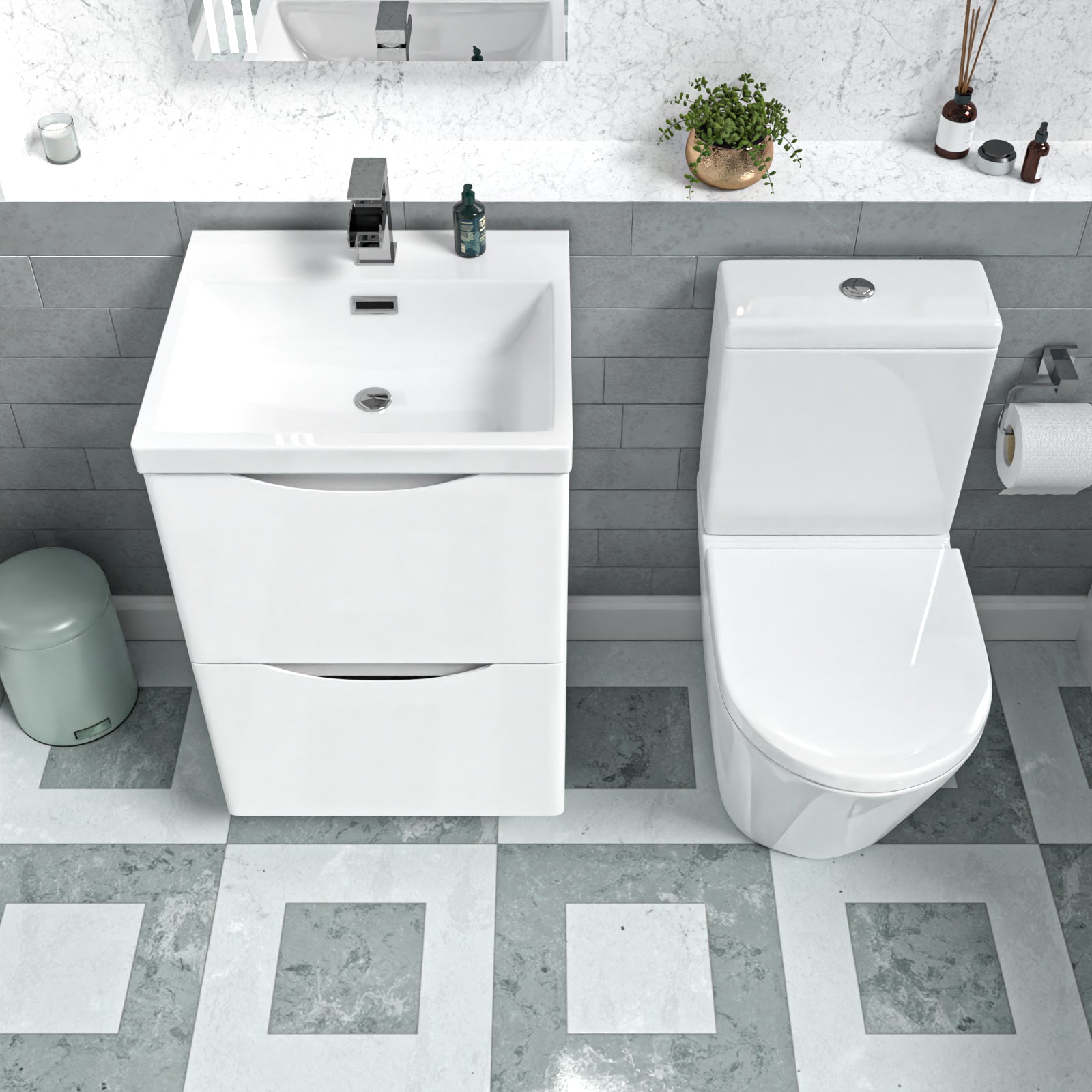 Merton White 500mm Basin Vanity Unit and Rimless Close Coupled Toilet