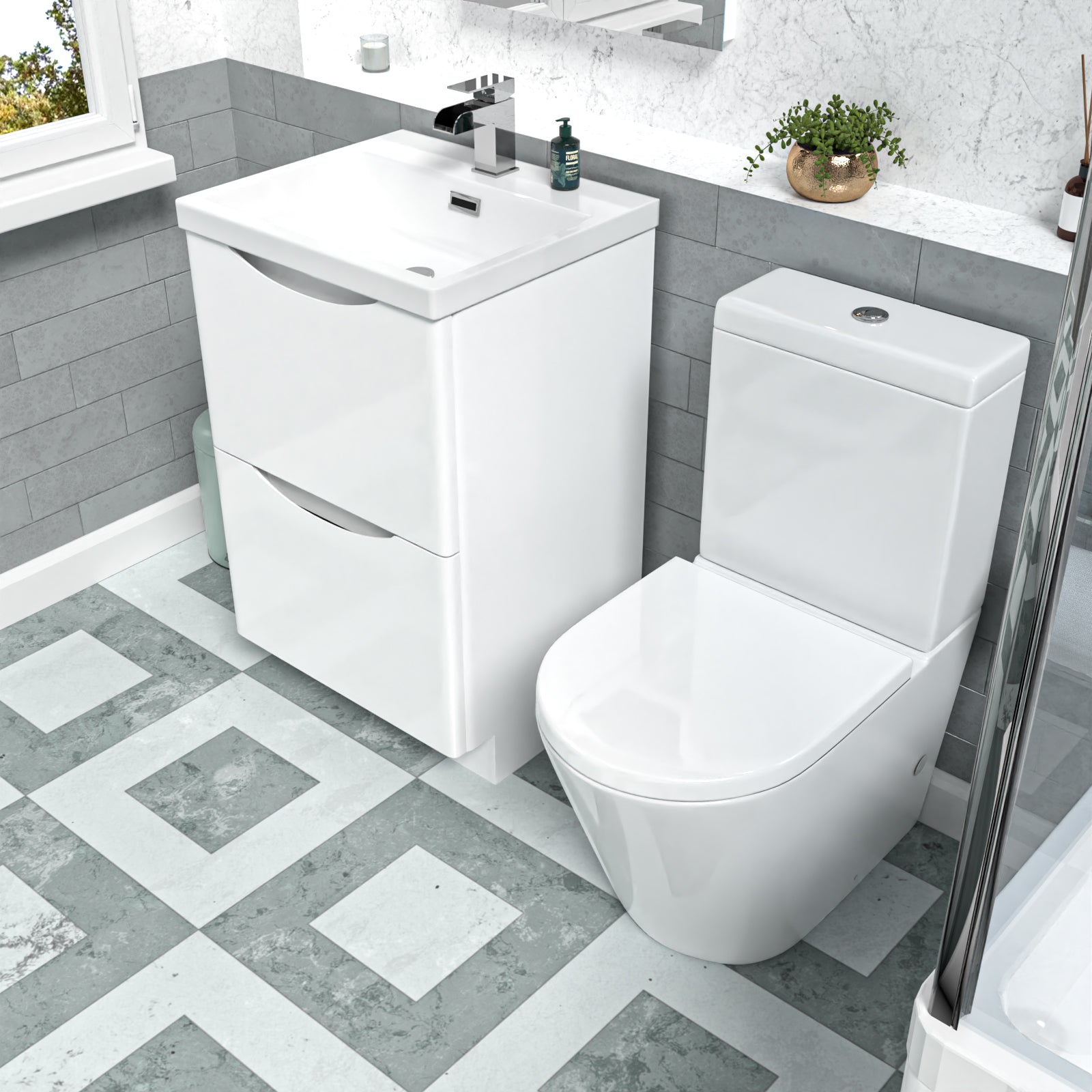 Merton White 500mm Basin Vanity Unit and Rimless Close Coupled Toilet