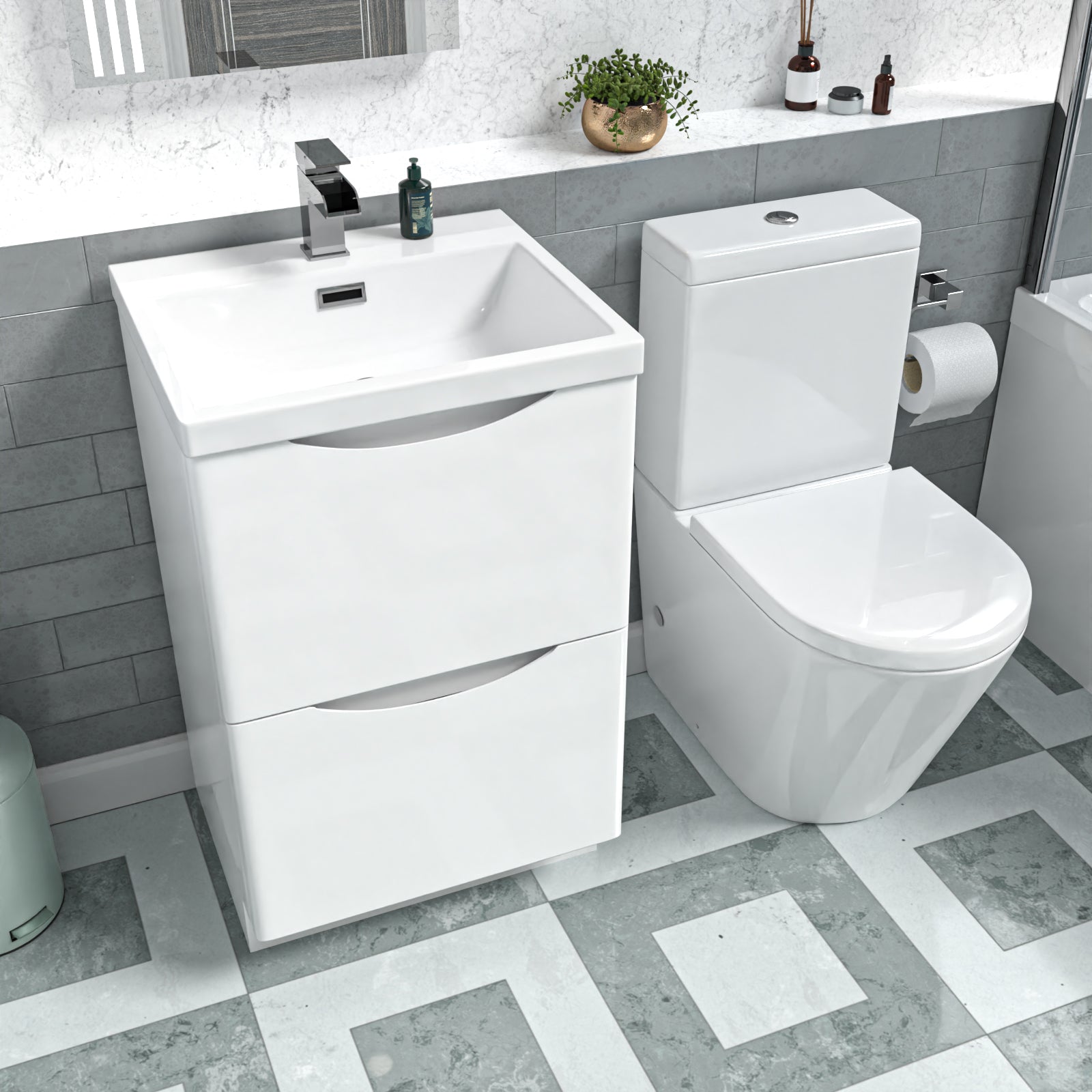 Merton White 500mm Basin Vanity Unit and Rimless Close Coupled Toilet
