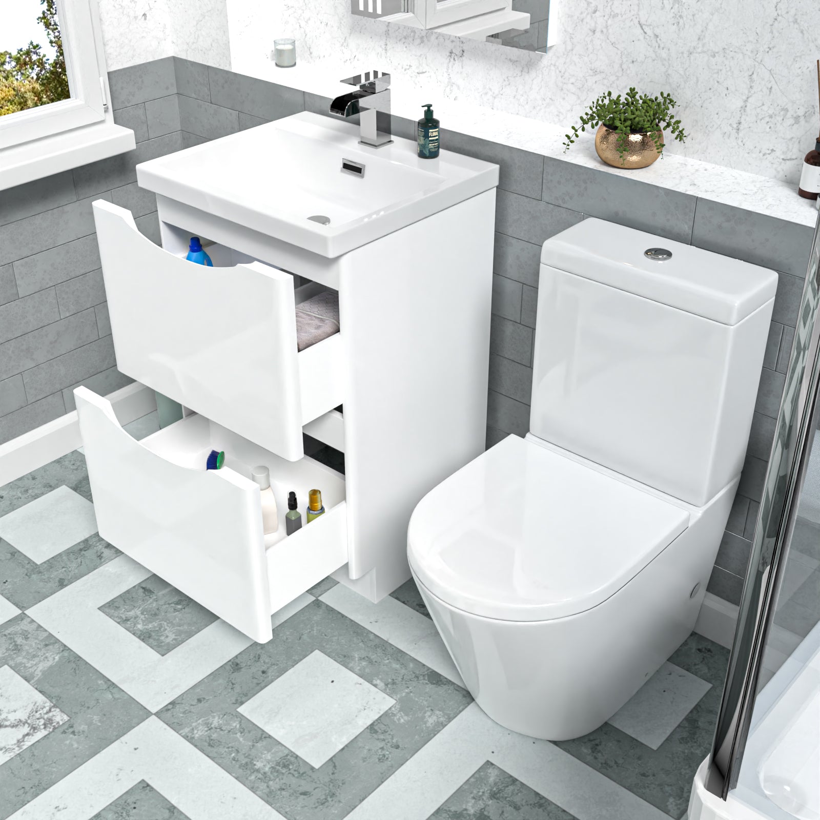 Merton White 500mm Basin Vanity Unit and Rimless Close Coupled Toilet