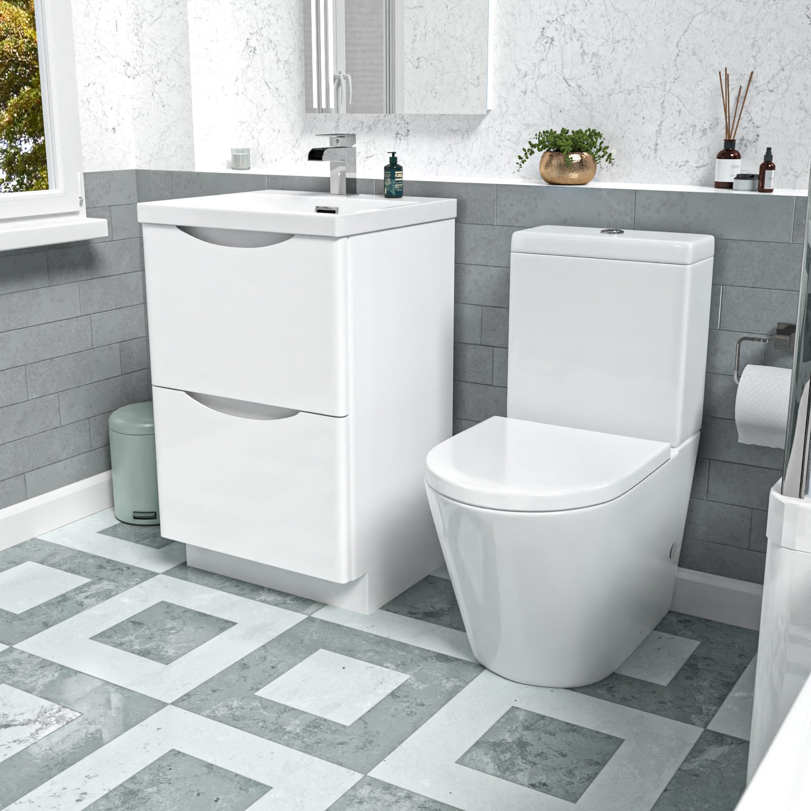Merton White 500mm Basin Vanity Unit and Rimless Close Coupled Toilet