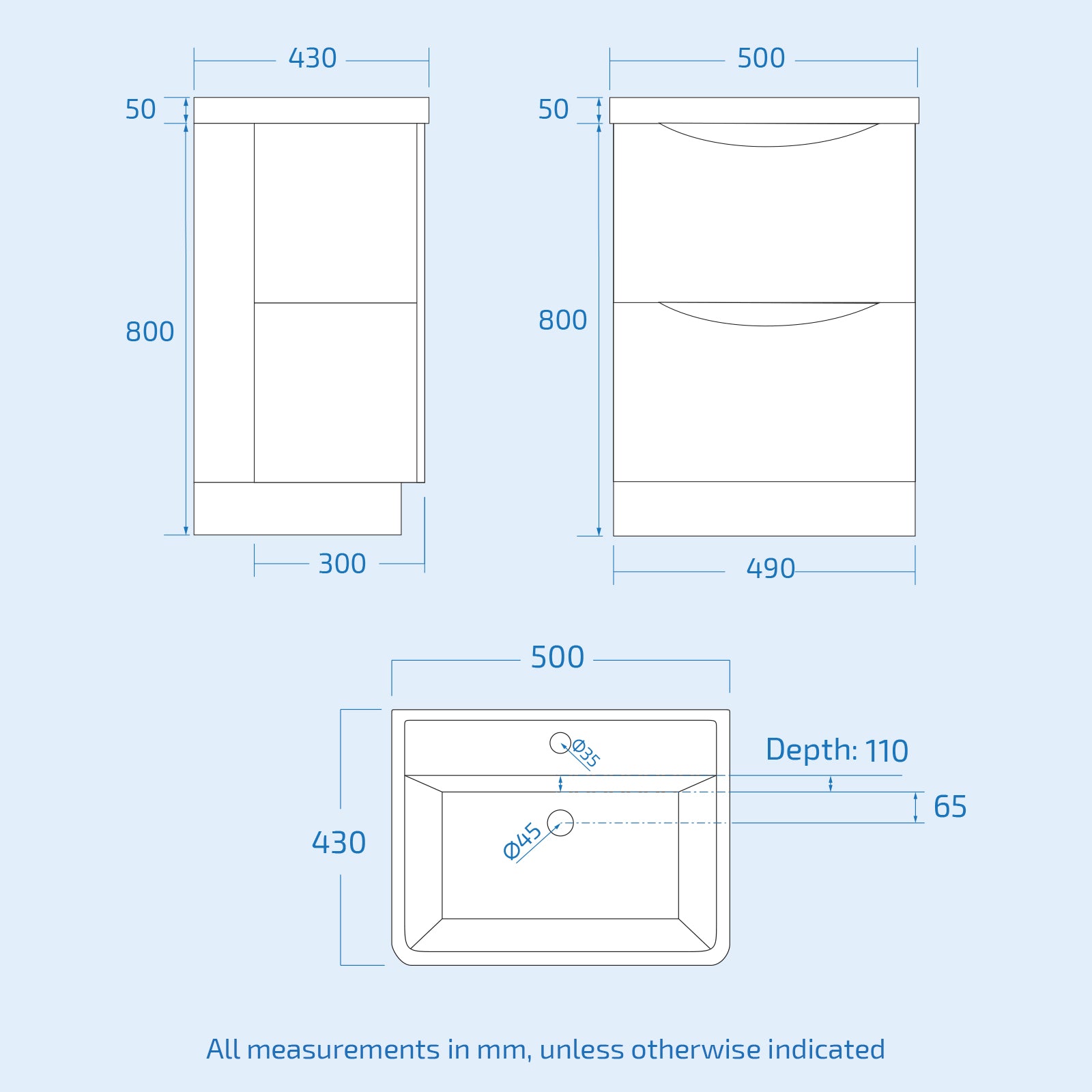 Technical drawing of a bathroom vanity with dimensions 