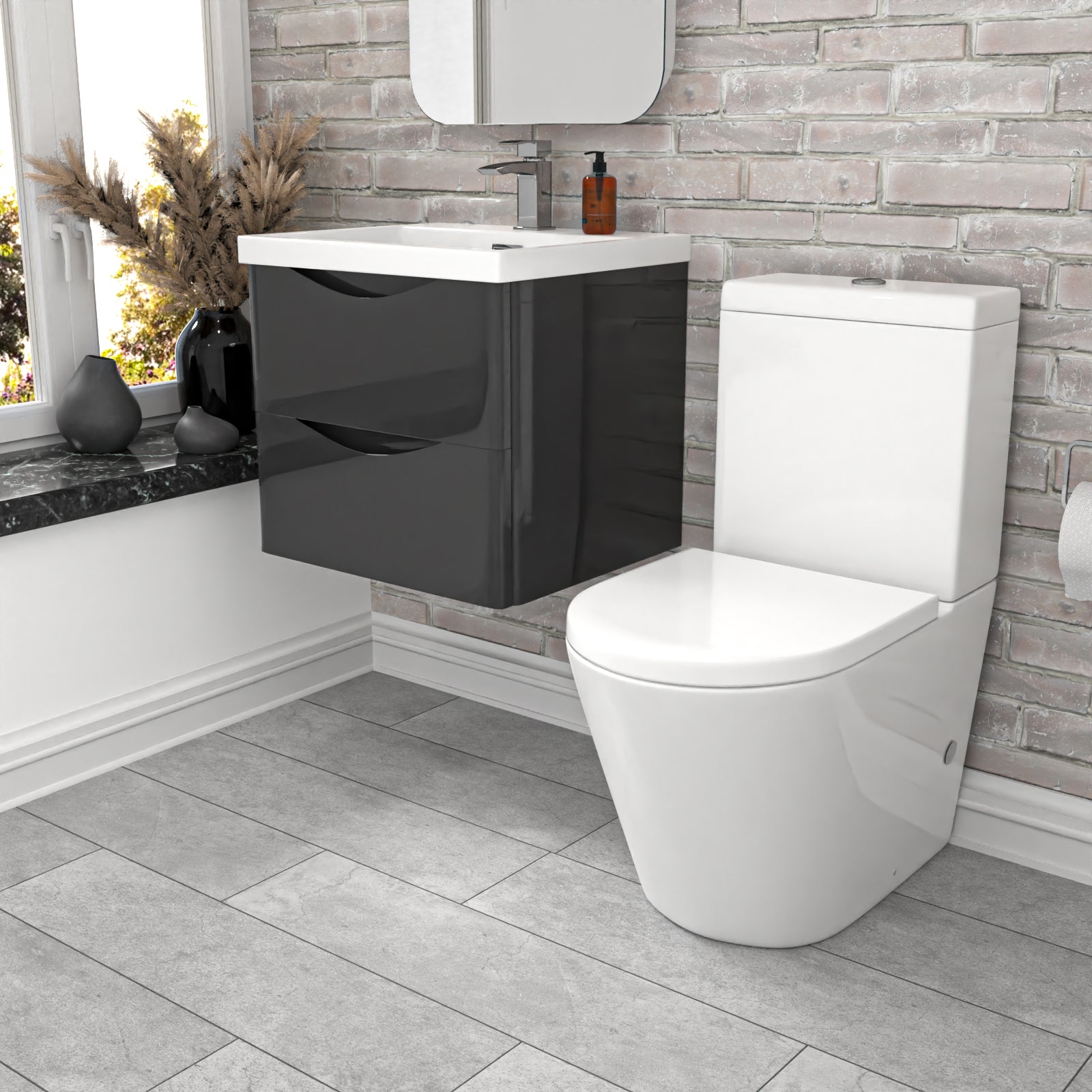 500mm Dark Grey Wall Hung Vanity Basin Vanity & Close Coupled Toilet