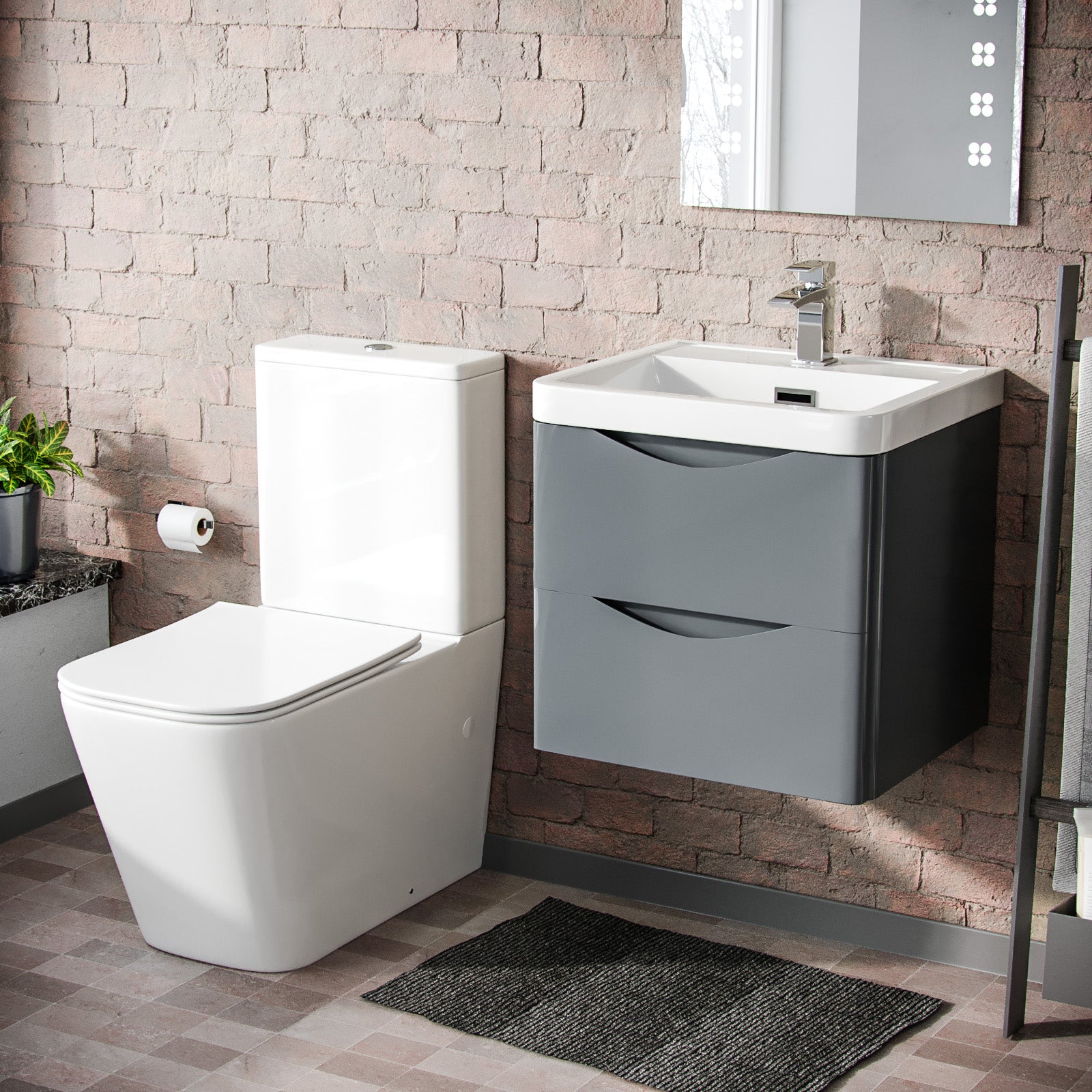 Merton 500mm Wall Hung Vanity Basin Unit & Square Rimless Close Coupled Toilet Grey
