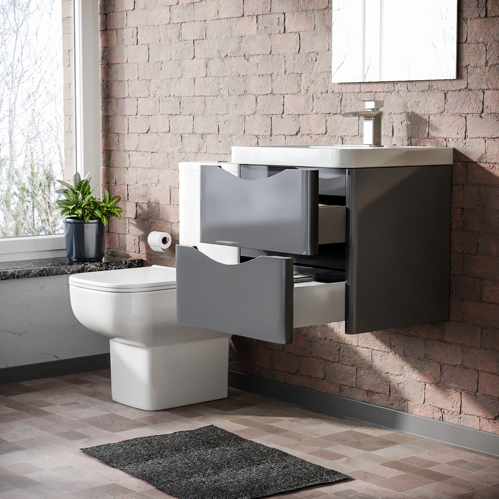 Merton 500mm Wall Hung Vanity Basin Unit & Close Coupled Toilet Steel Grey