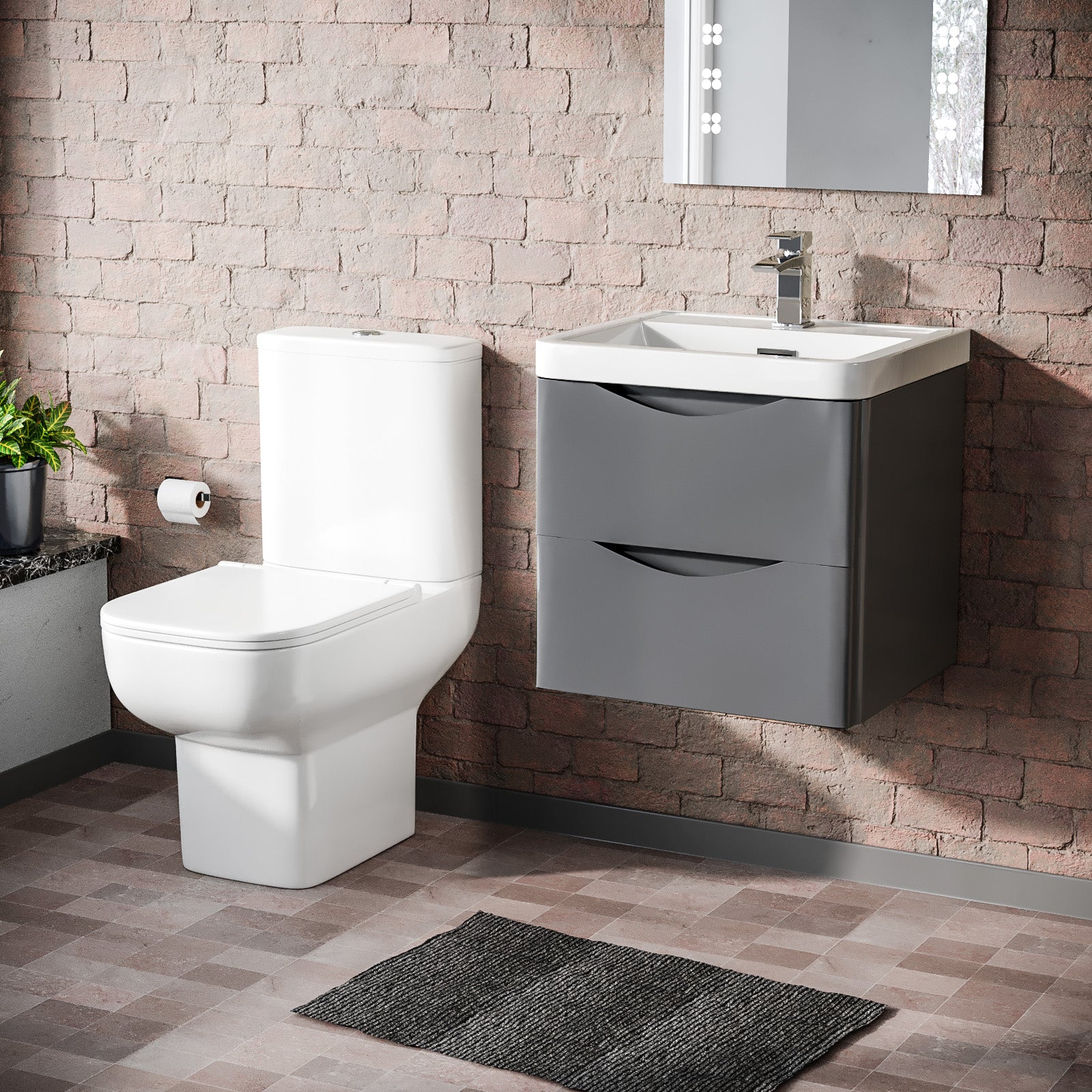 Merton 500mm Wall Hung Vanity Basin Unit & Close Coupled Toilet Steel Grey