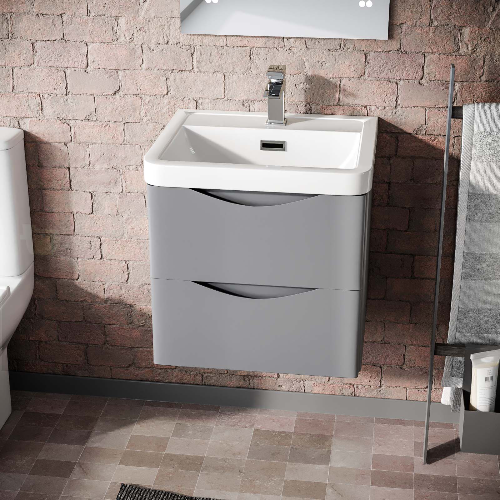 Matte Grey 500mm Wall Hung Vanity Unit 2 Drawer & White Resin Basin