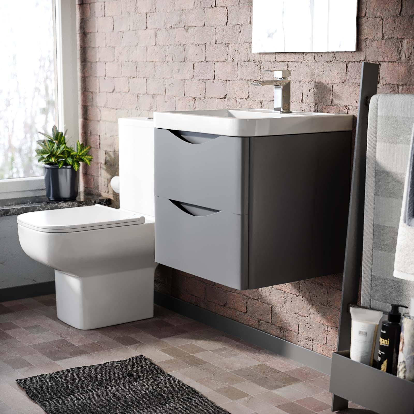 Matte Grey 500mm Wall Hung Vanity Unit 2 Drawer & White Resin Basin