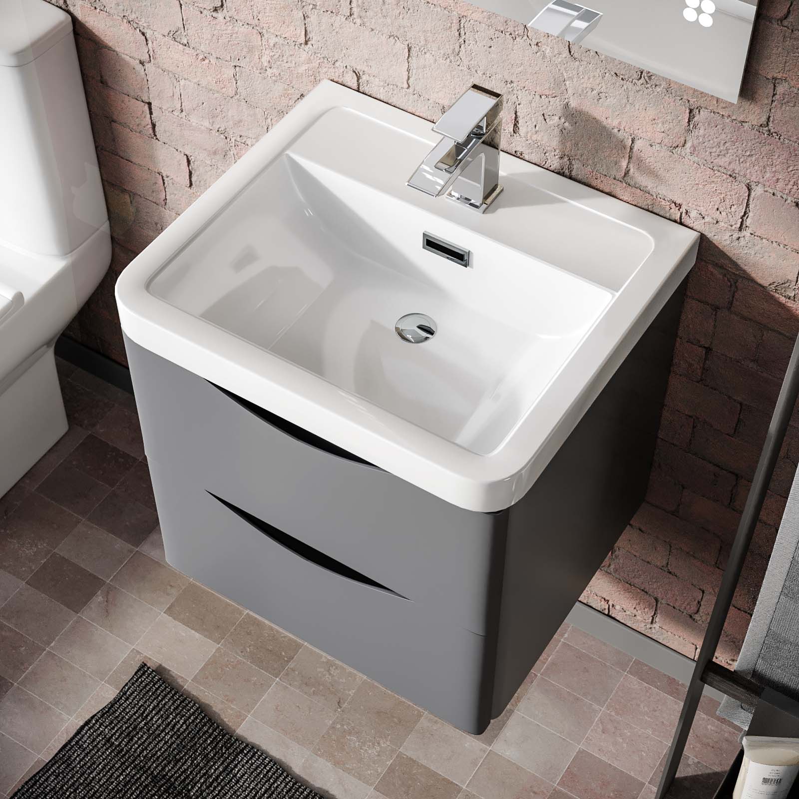 Matte Grey 500mm Wall Hung Vanity Unit 2 Drawer & White Resin Basin