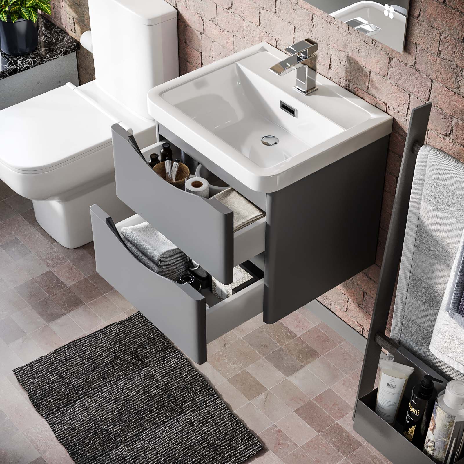 Matte Grey 500mm Wall Hung Vanity Unit 2 Drawer & White Resin Basin