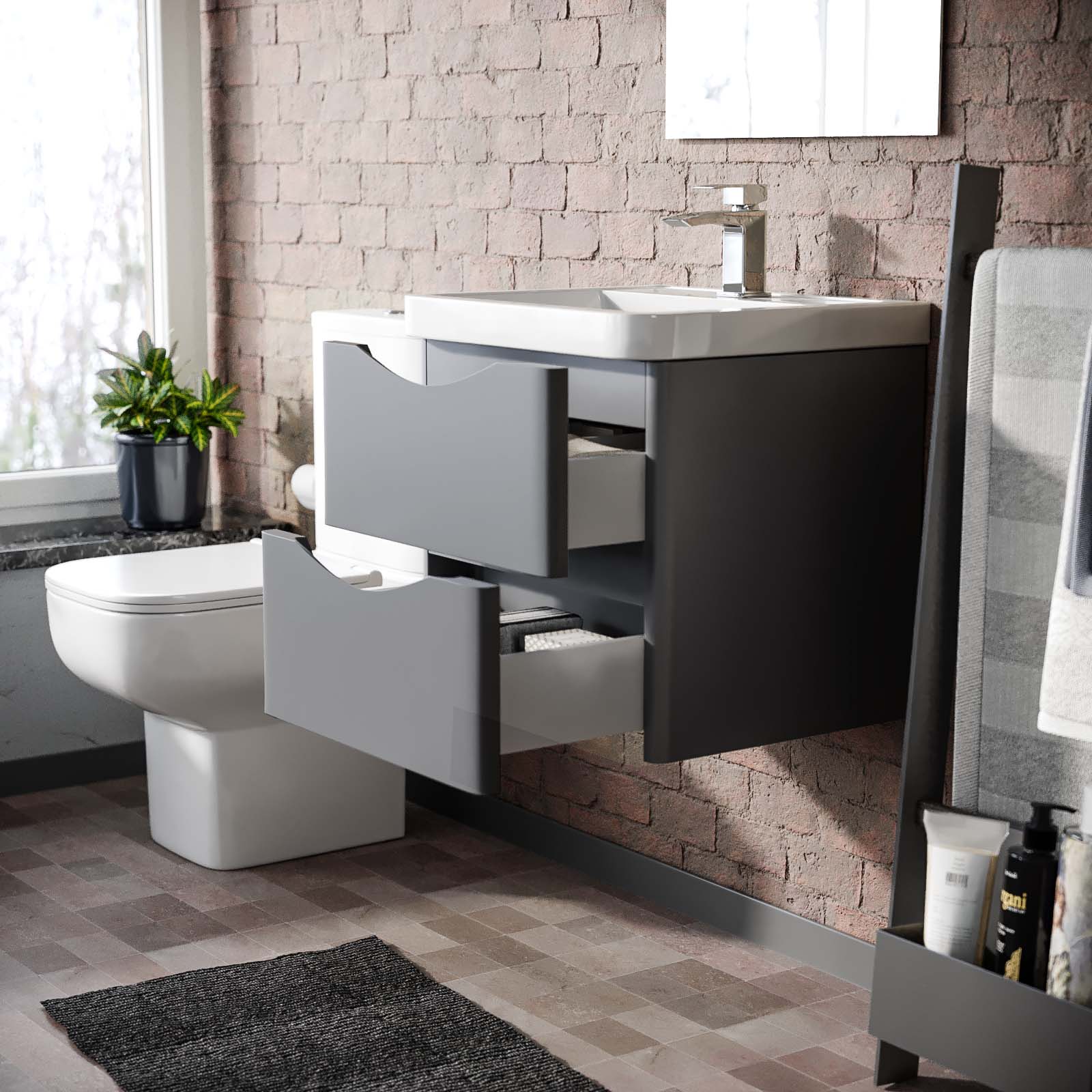 Matte Grey 500mm Wall Hung Vanity Unit 2 Drawer & White Resin Basin