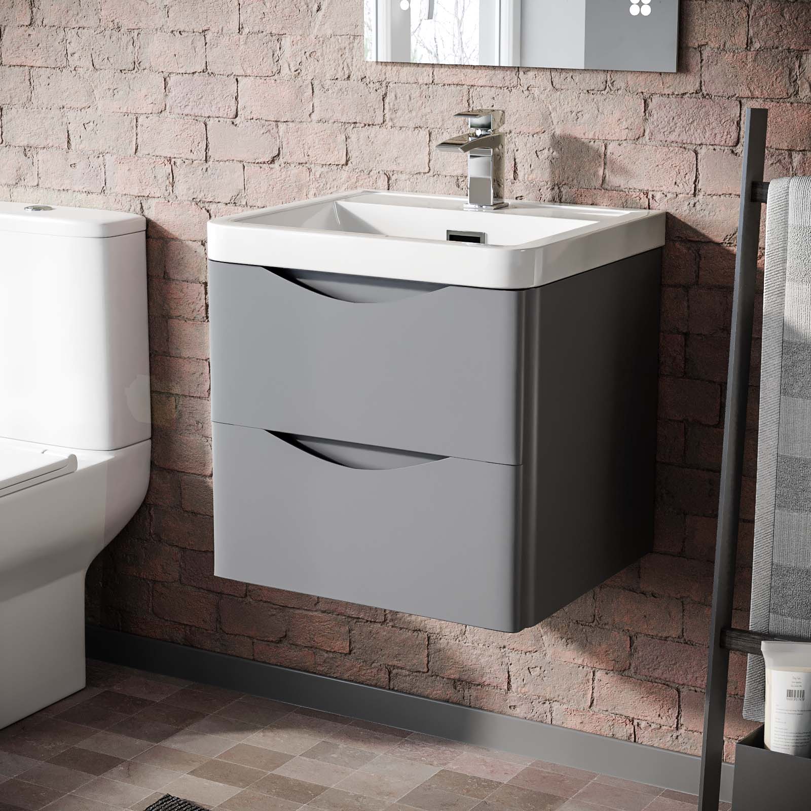 Matte Grey 500mm Wall Hung Vanity Unit 2 Drawer & White Resin Basin