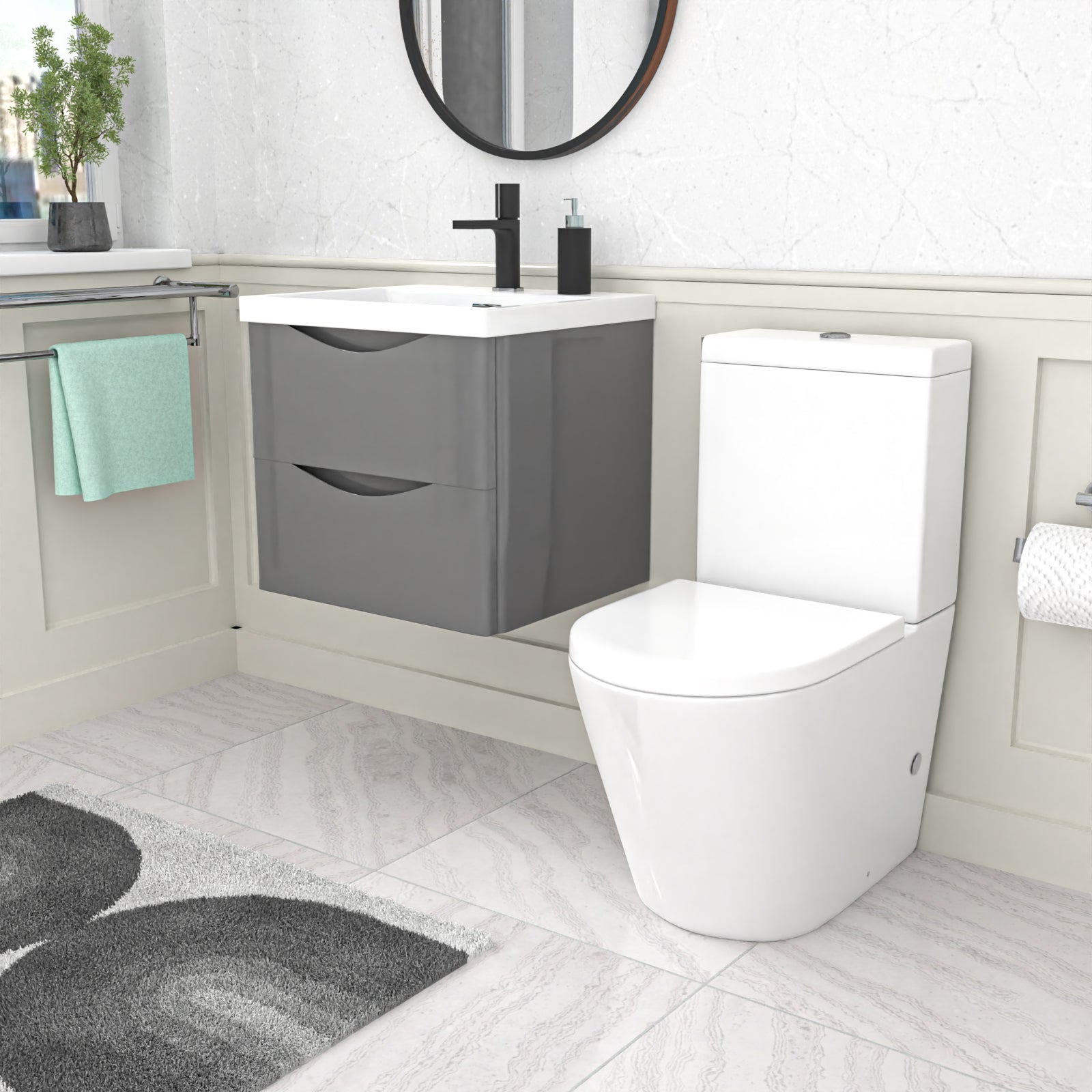 500mm Grey Wall Hung Vanity Basin Vanity & Close Coupled Toilet