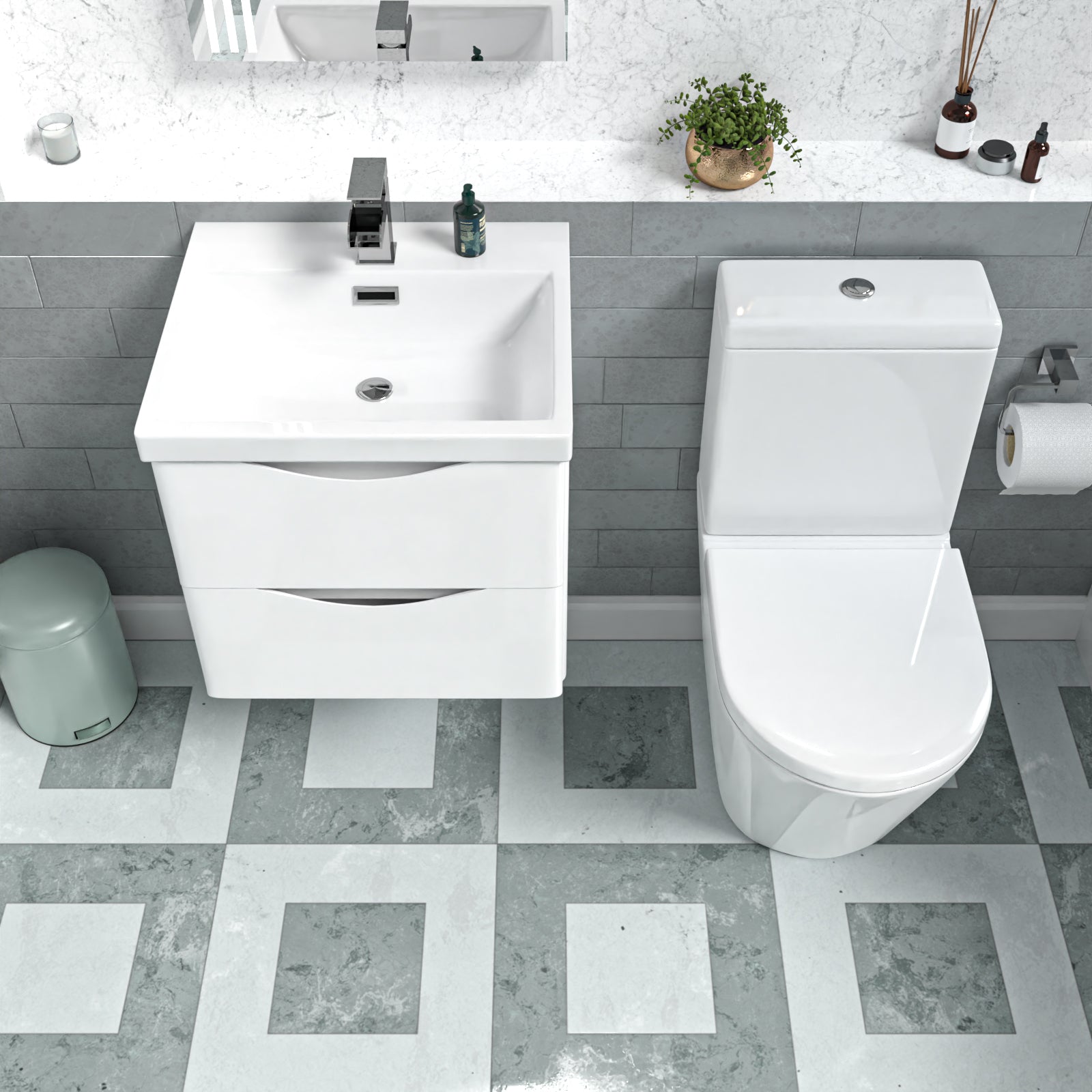 Merton 500mm White Wall Hung Vanity Basin Vanity & Close Coupled Toilet