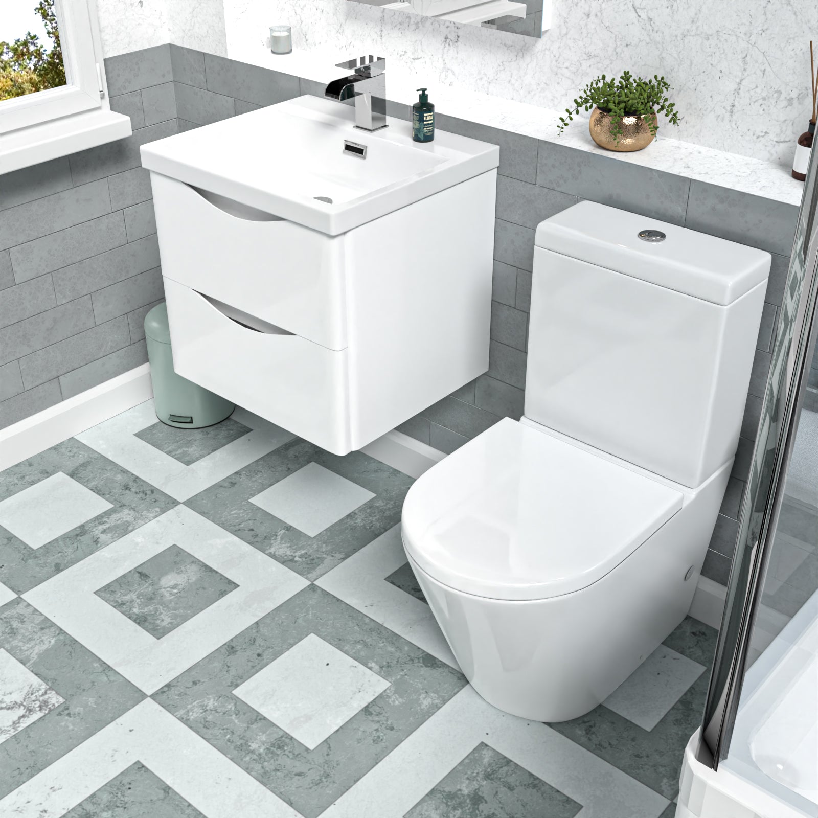 Merton 500mm White Wall Hung Vanity Basin Vanity & Close Coupled Toilet