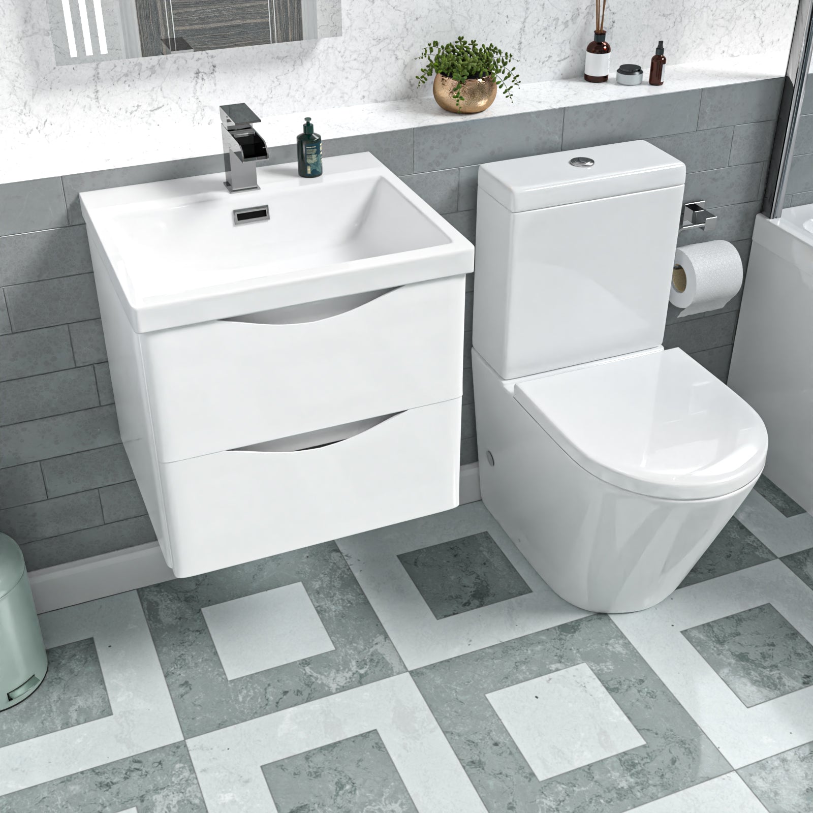 Merton 500mm White Wall Hung Vanity Basin Vanity & Close Coupled Toilet